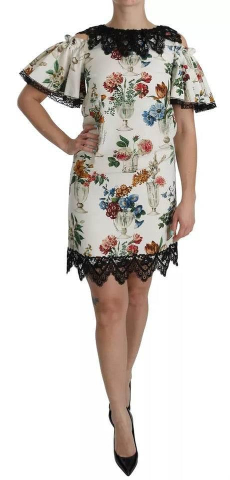 Dolce & Gabbana White Lace Floral Vase Shift Mini Dress - Hilstor