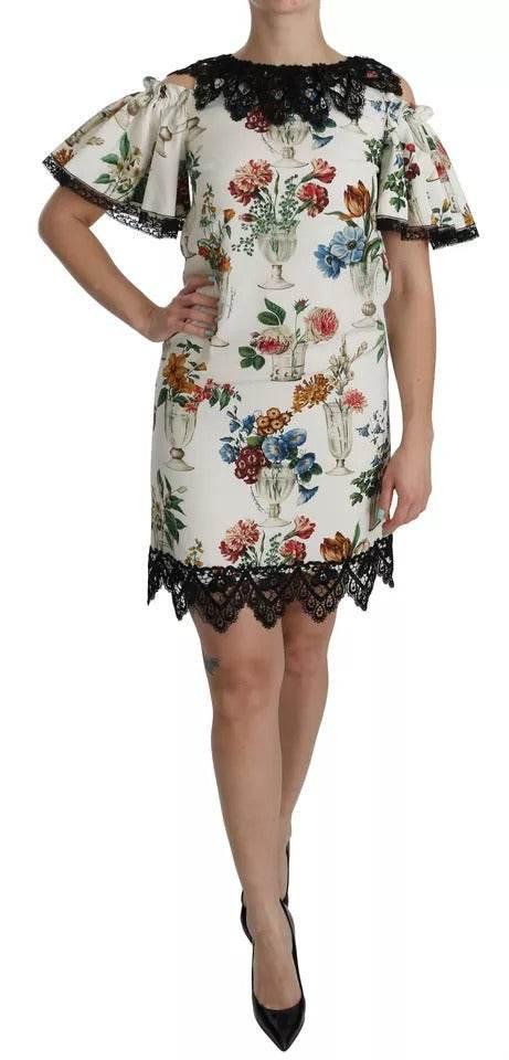 Dolce & Gabbana White Lace Floral Vase Shift Mini Dress - Hilstor