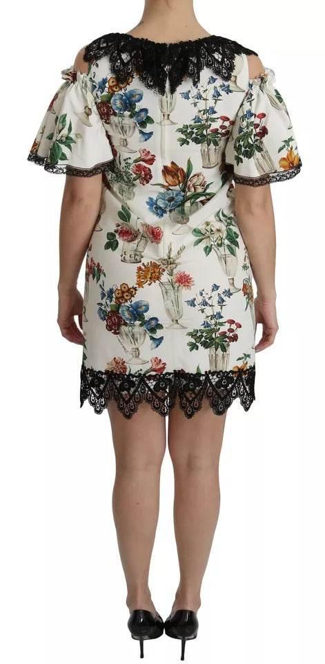 Dolce & Gabbana White Lace Floral Vase Shift Mini Dress - Hilstor
