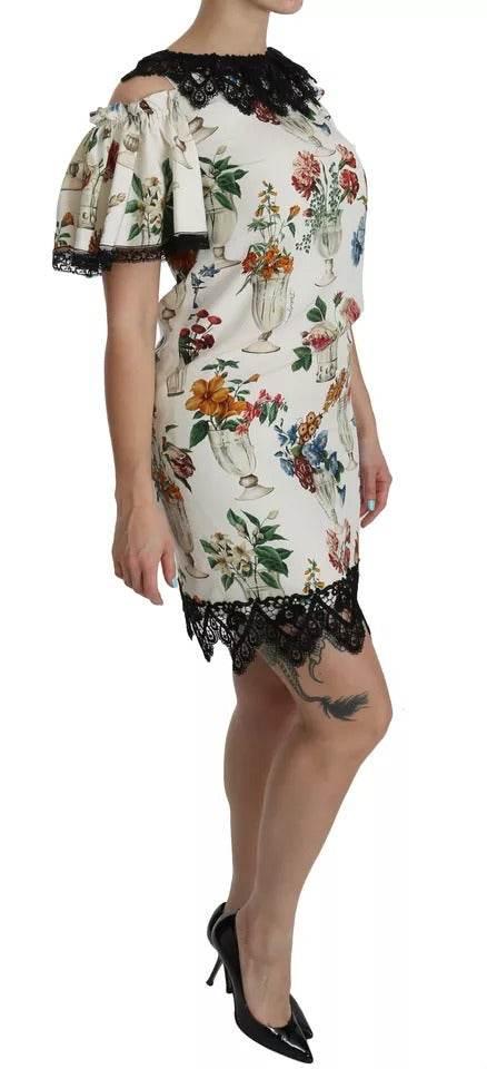 Dolce & Gabbana White Lace Floral Vase Shift Mini Dress - Hilstor