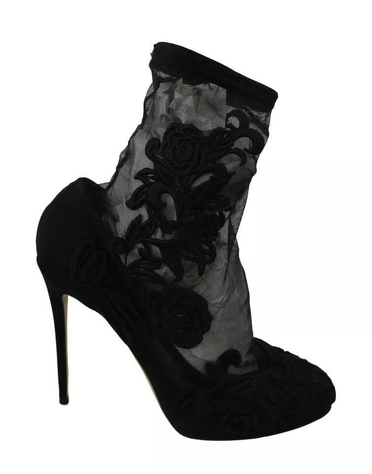 Dolce & Gabbana Black Tulle Stretch Floral Booties Shoes - Hilstor