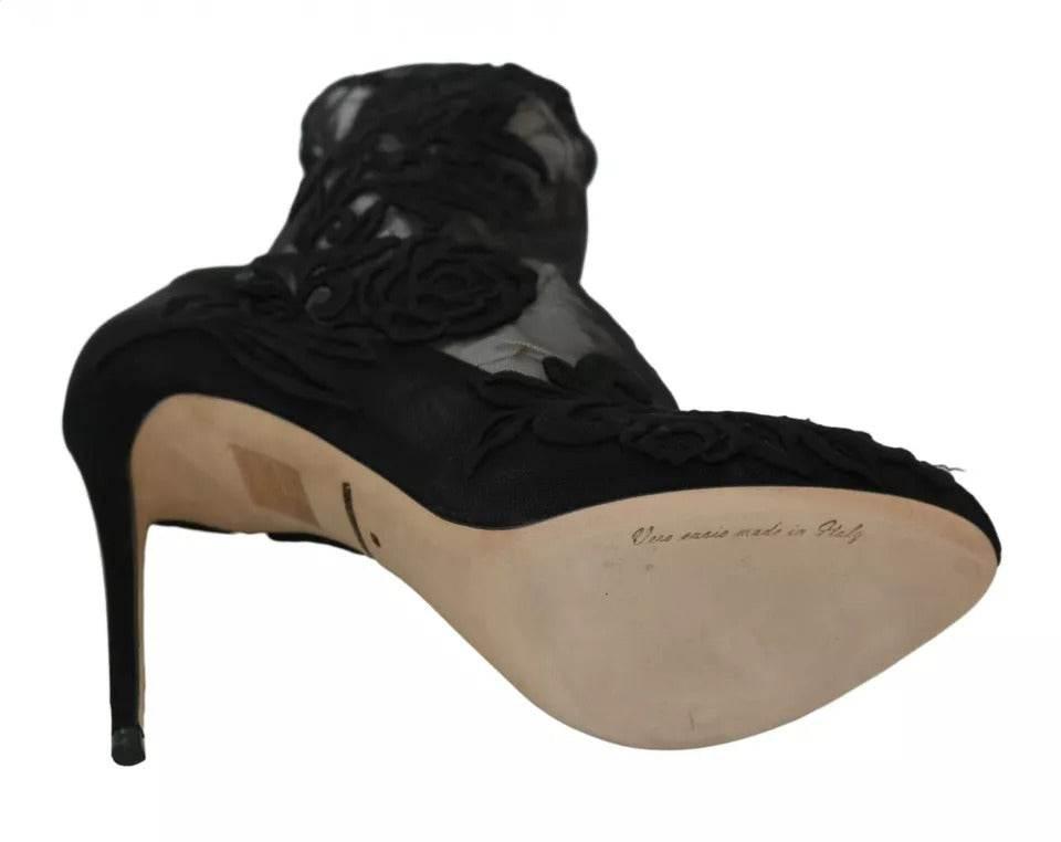 Dolce & Gabbana Black Tulle Stretch Floral Booties Shoes - Hilstor