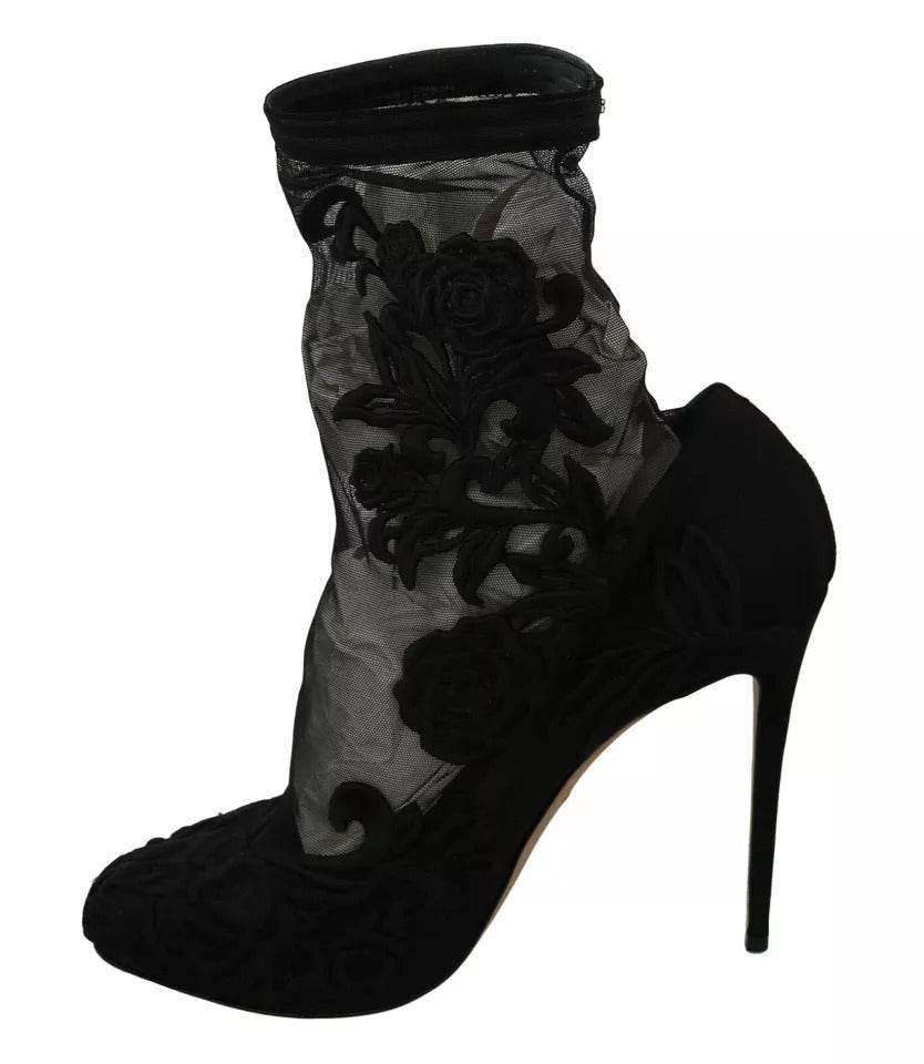 Dolce & Gabbana Black Tulle Stretch Floral Booties Shoes - Hilstor