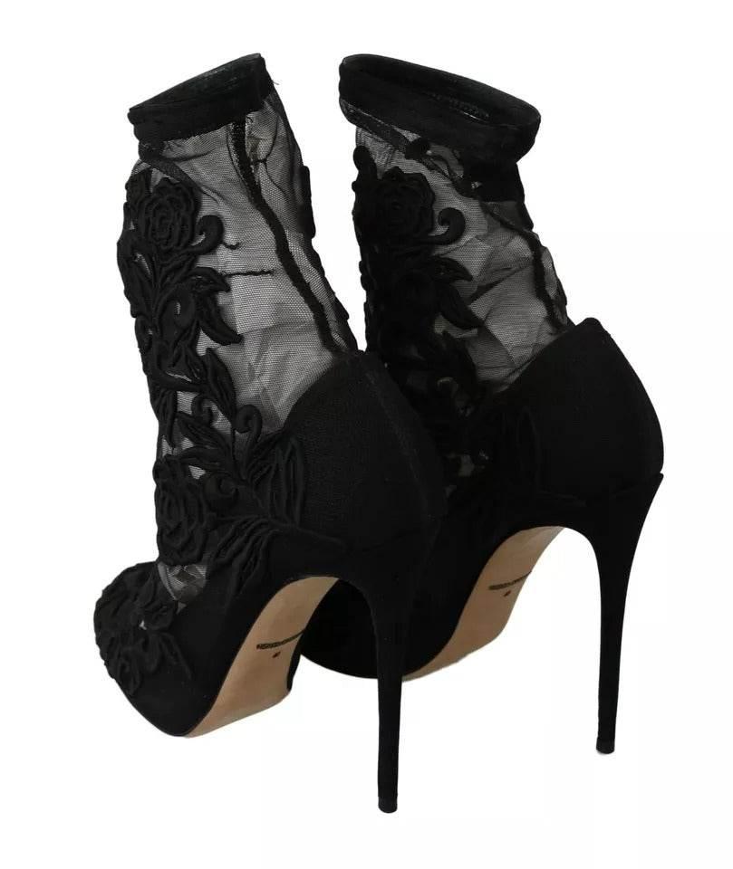 Dolce & Gabbana Black Tulle Stretch Floral Booties Shoes - Hilstor