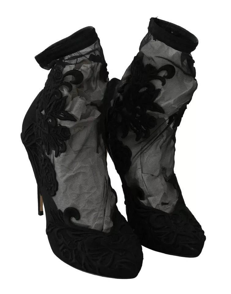 Dolce & Gabbana Black Tulle Stretch Floral Booties Shoes - Hilstor