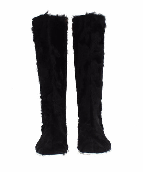 Dolce & Gabbana Elegant Black Fur Leather Flat Sneaker Boots - Hilstor