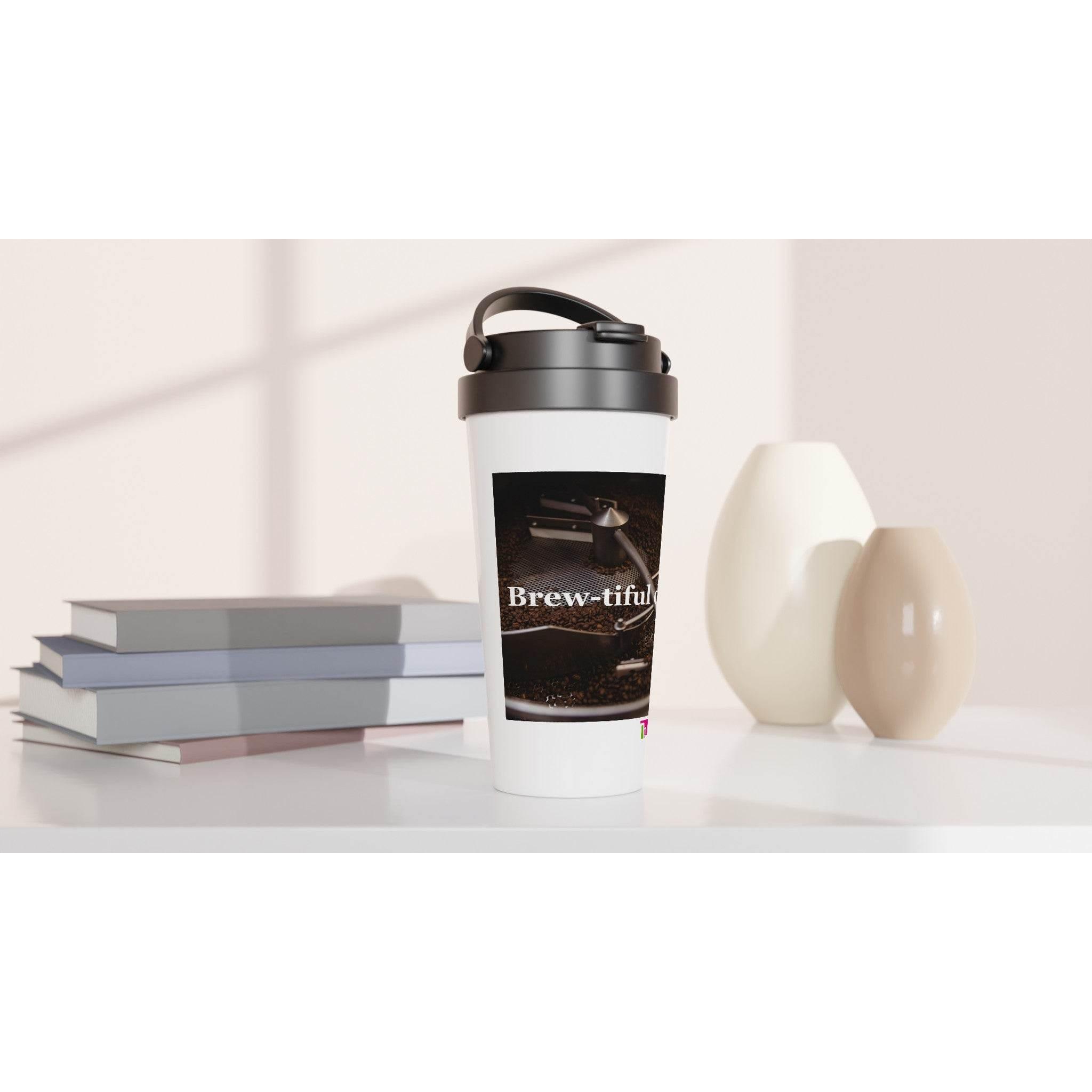White 15oz Stainless Steel Travel Mug Brewtiful day - Hilstor