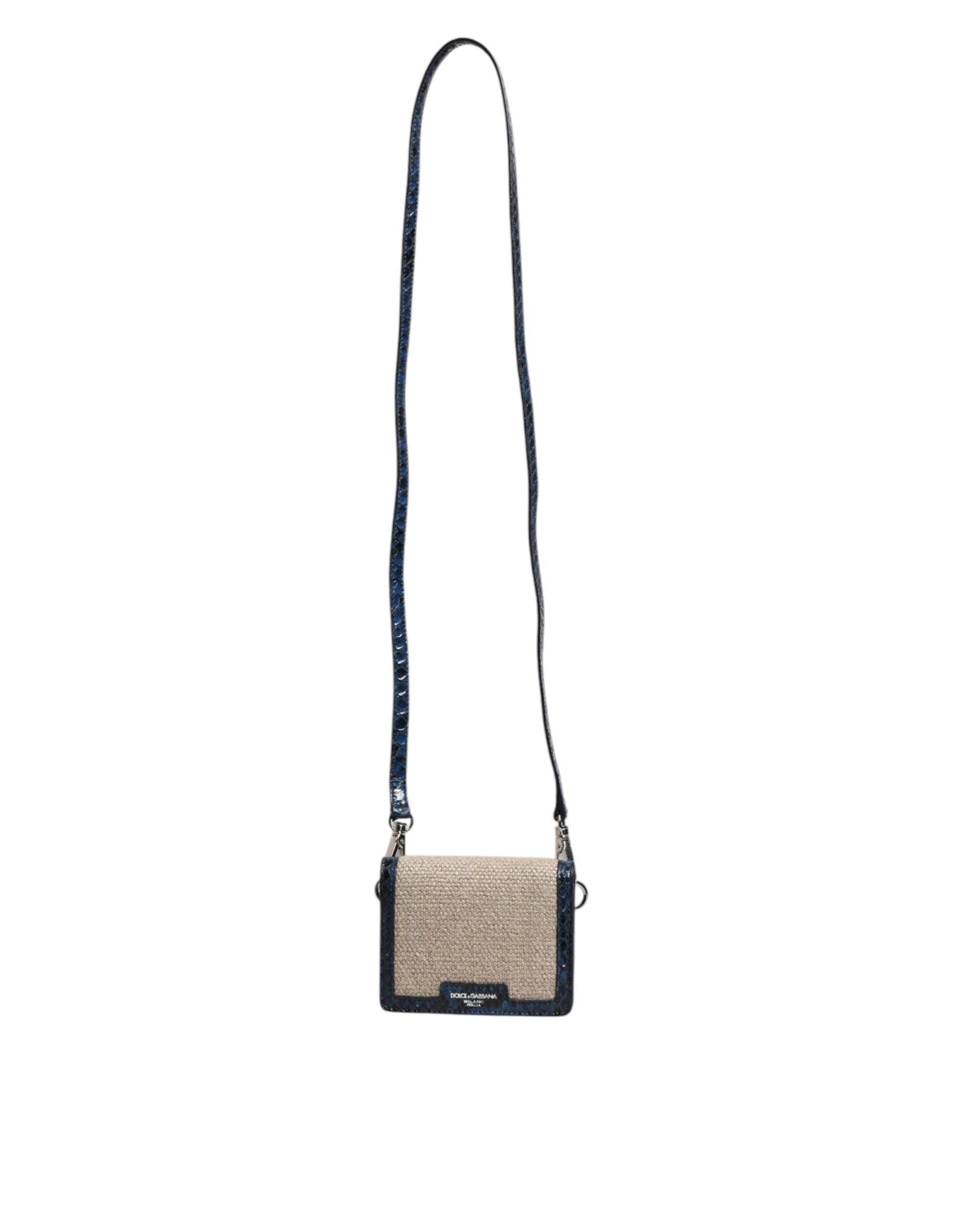 Dolce & Gabbana Beige Blue Leather Canvas Bifold Crossbody Bag - Hilstor