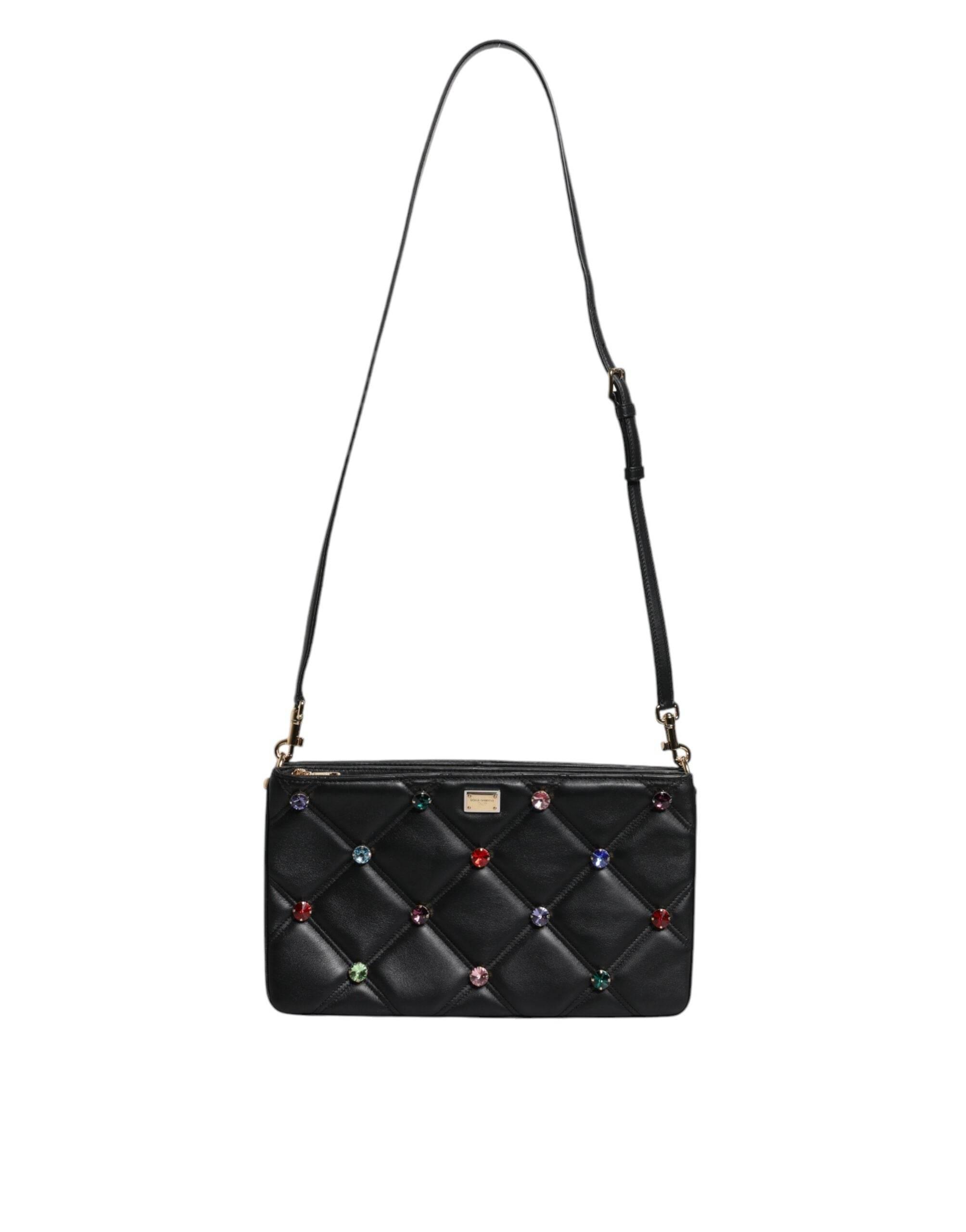 Dolce & Gabbana Black Leather Crystal Embellished Logo Shoulder Bag - Hilstor