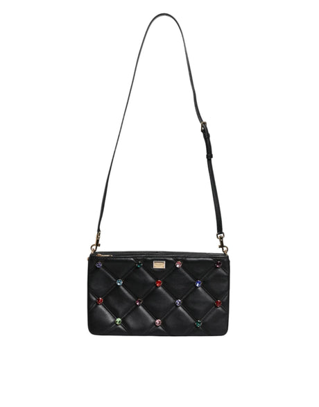 Dolce & Gabbana Black Leather Crystal Embellished Logo Shoulder Bag - Hilstor