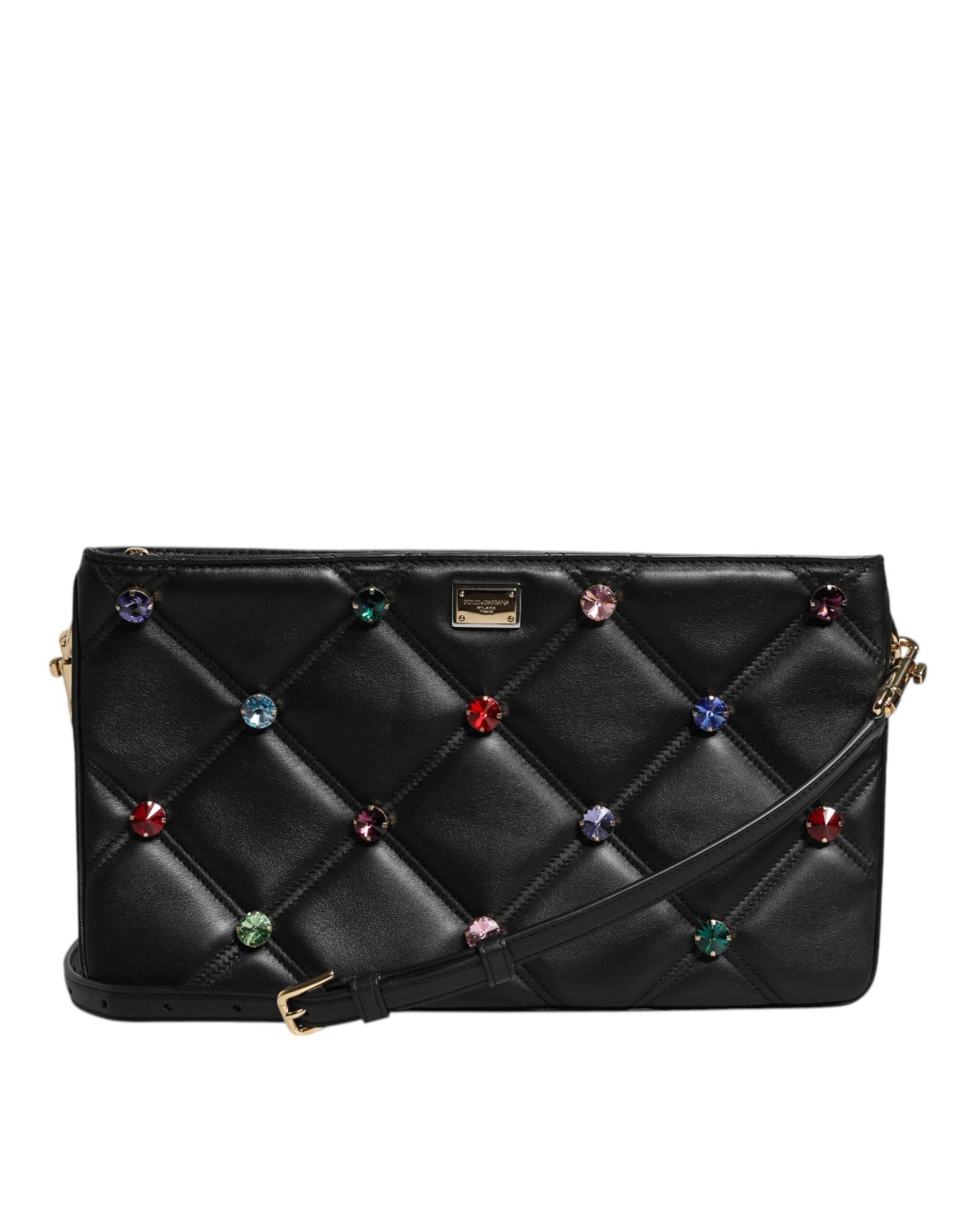 Dolce & Gabbana Black Leather Crystal Embellished Logo Shoulder Bag - Hilstor