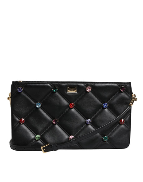 Dolce & Gabbana Black Leather Crystal Embellished Logo Shoulder Bag - Hilstor