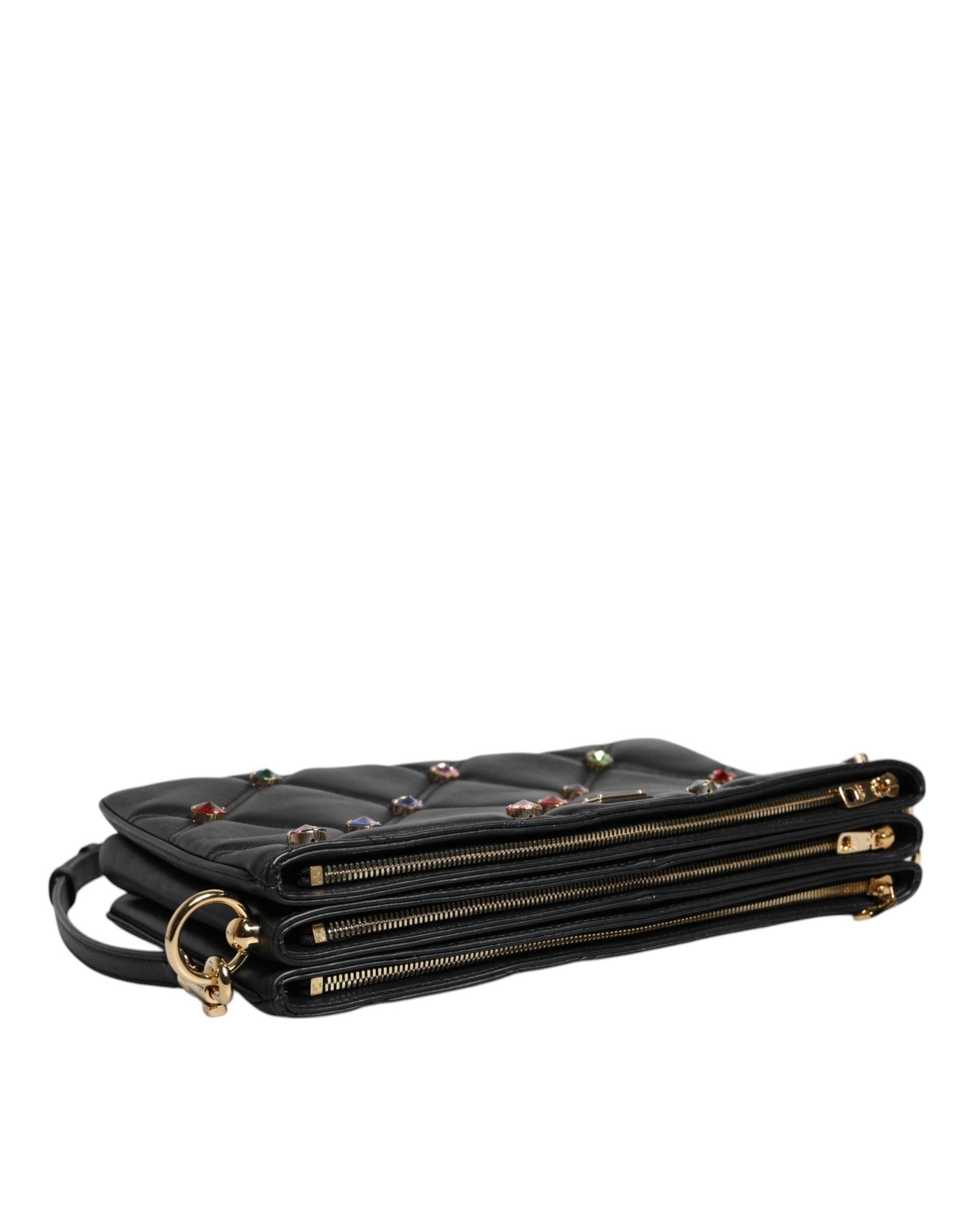 Dolce & Gabbana Black Leather Crystal Embellished Logo Shoulder Bag - Hilstor