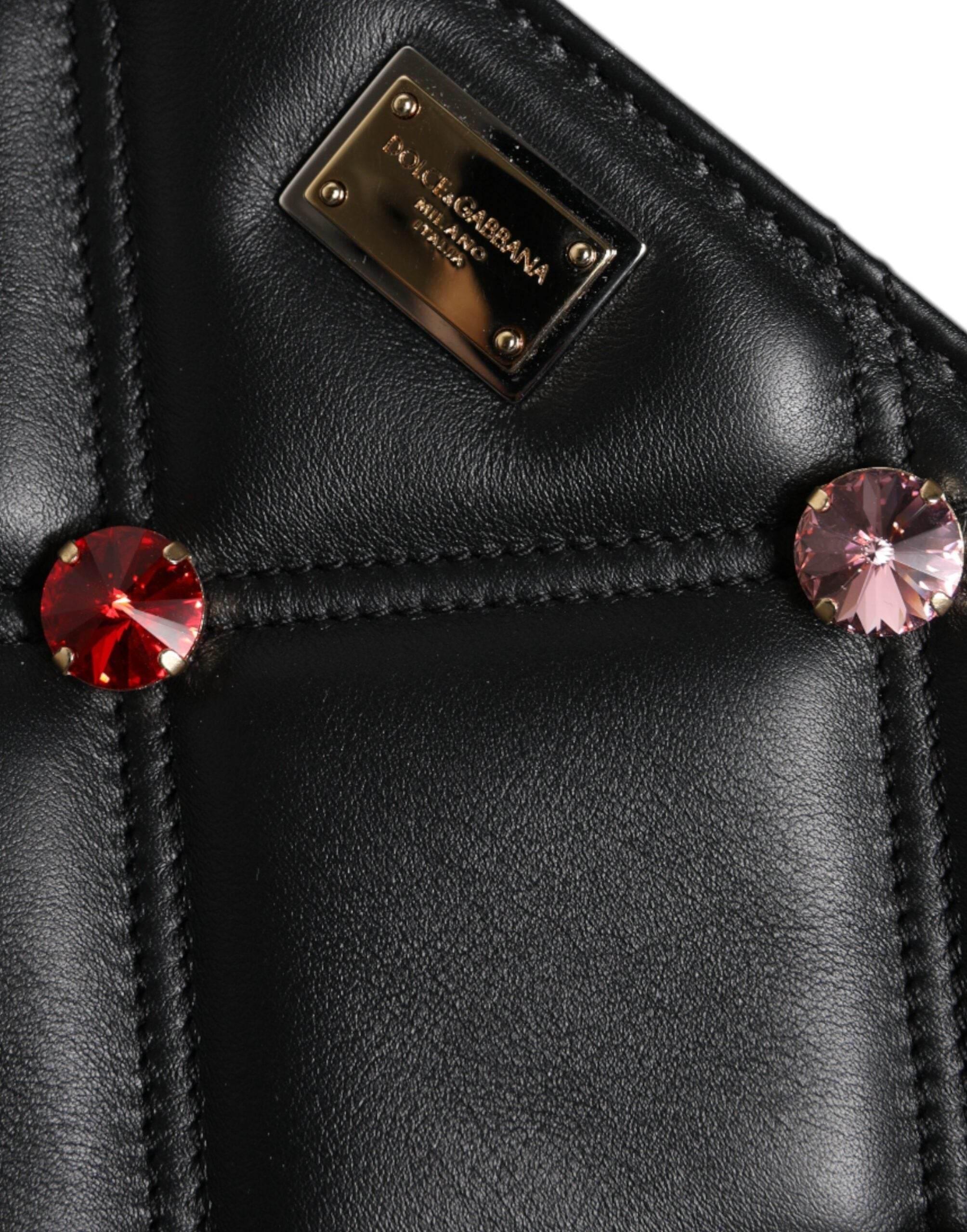 Dolce & Gabbana Black Leather Crystal Embellished Logo Shoulder Bag - Hilstor