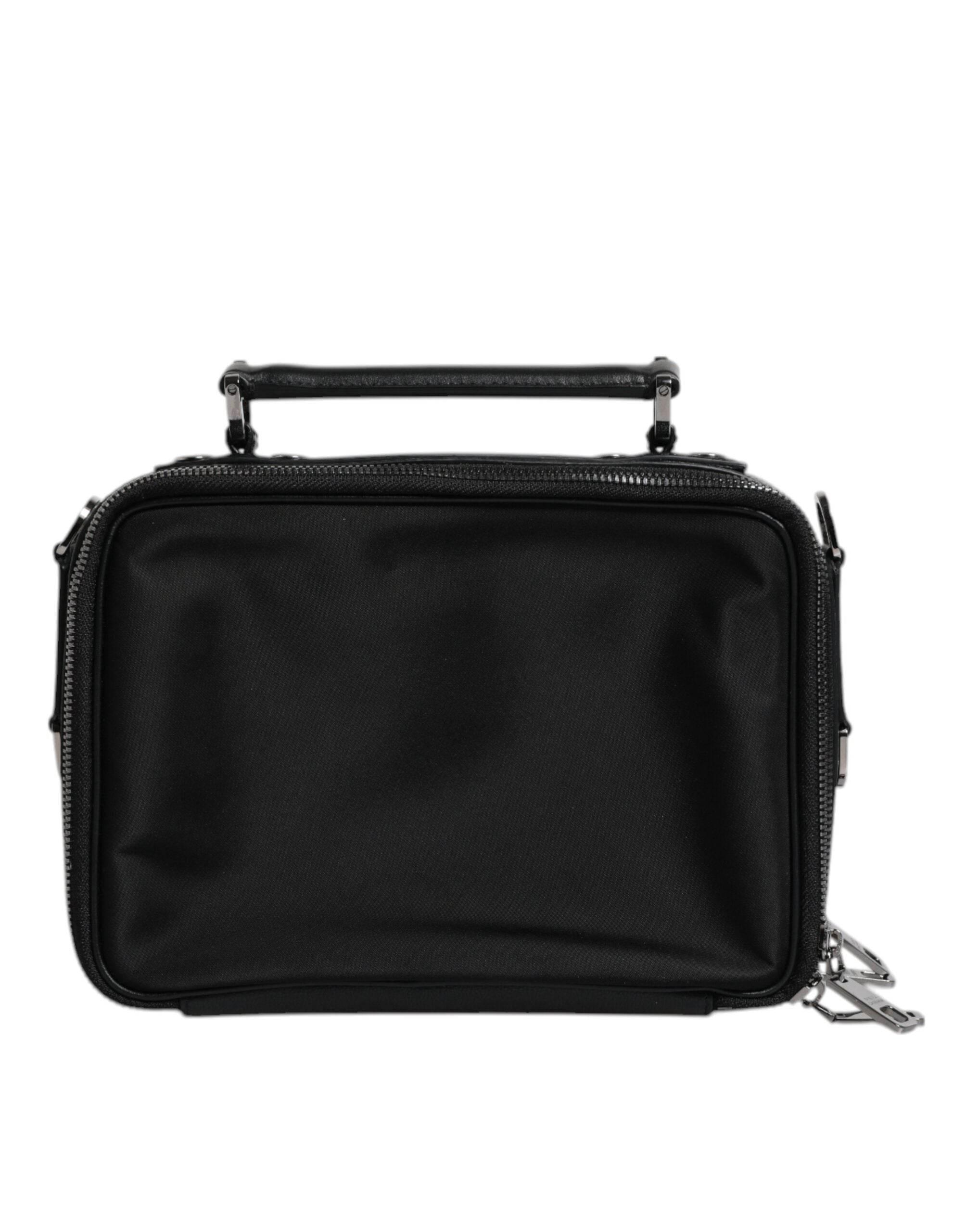 Dolce & Gabbana Black Nylon Leather Logo Top Handle Crossbody Bag - Hilstor