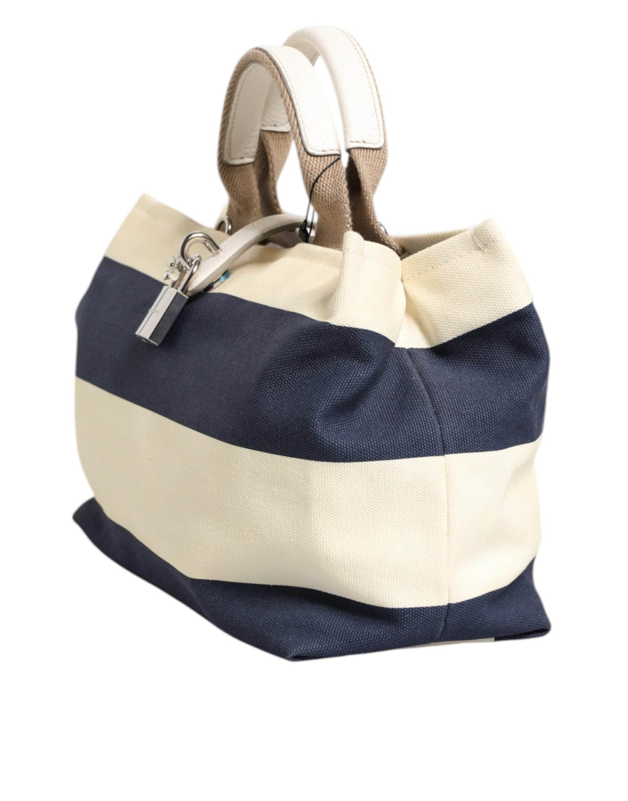 Dolce & Gabbana White Navy Striped Canvas Top Handle Tote Bag - Hilstor