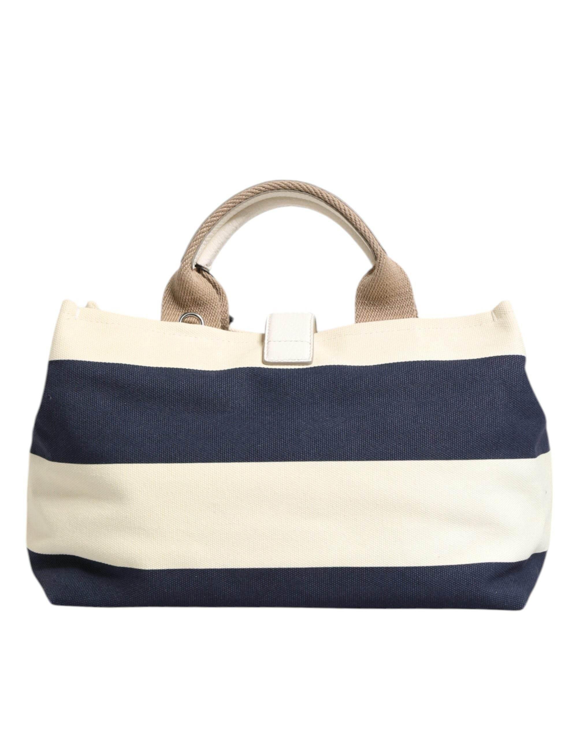 Dolce & Gabbana White Navy Striped Canvas Top Handle Tote Bag - Hilstor