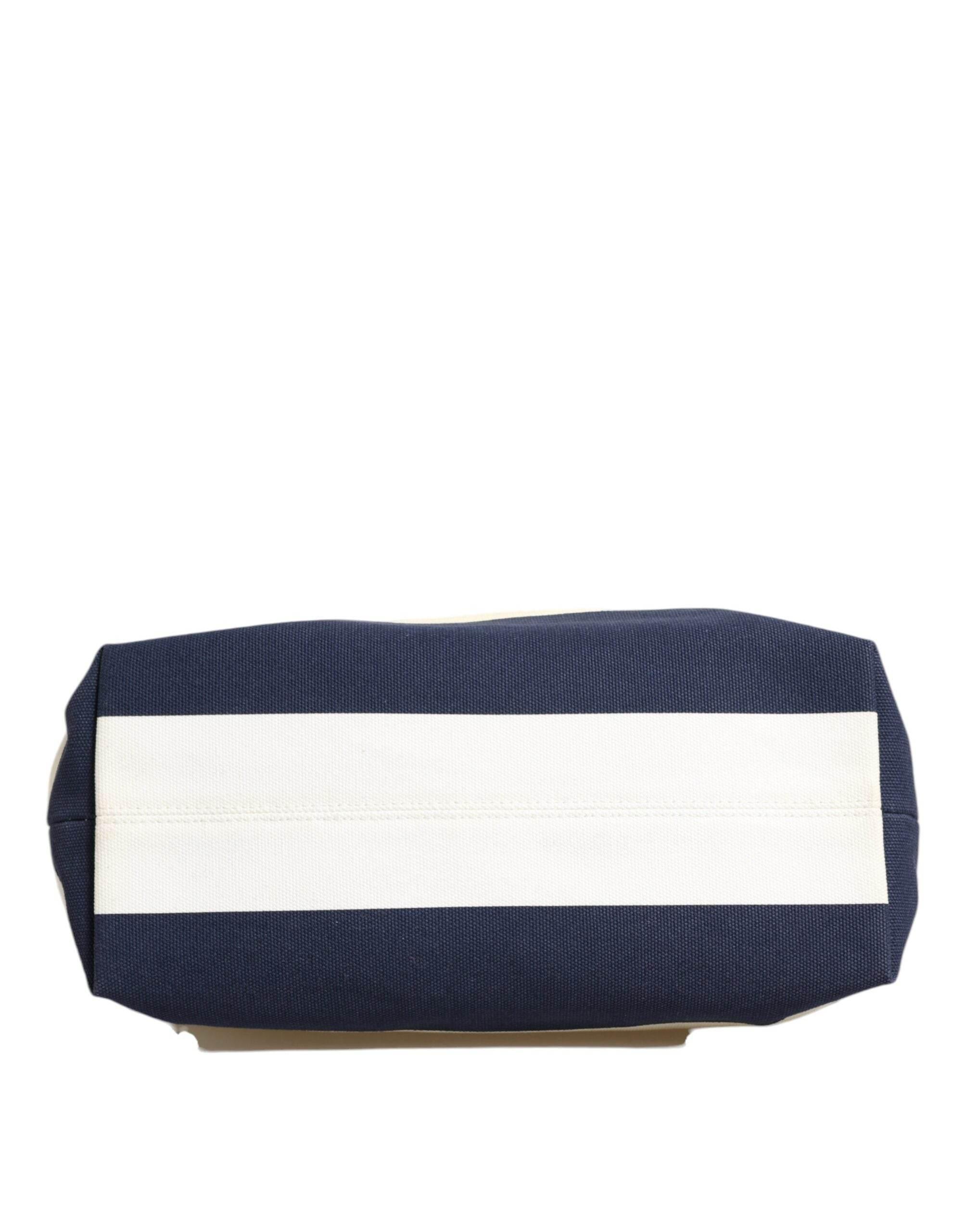Dolce & Gabbana White Navy Striped Canvas Top Handle Tote Bag - Hilstor