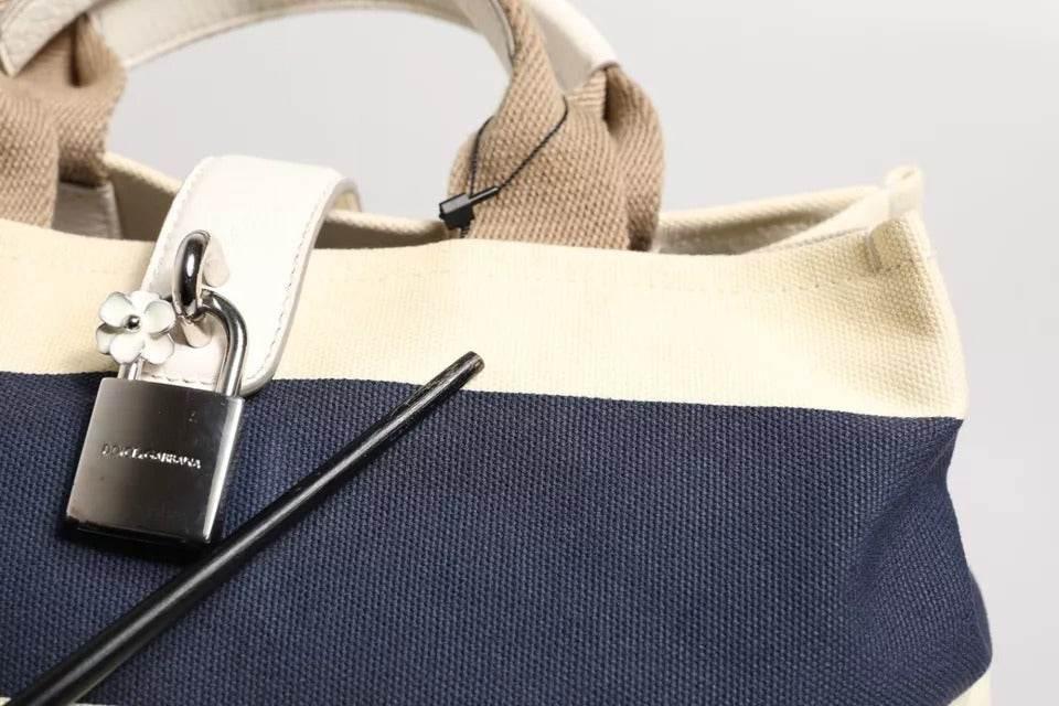 Dolce & Gabbana White Navy Striped Canvas Top Handle Tote Bag - Hilstor