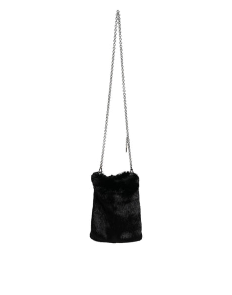 Dolce & Gabbana Black Faux Fur Silver Chain Crossbody Shoulder Purse Bag - Hilstor