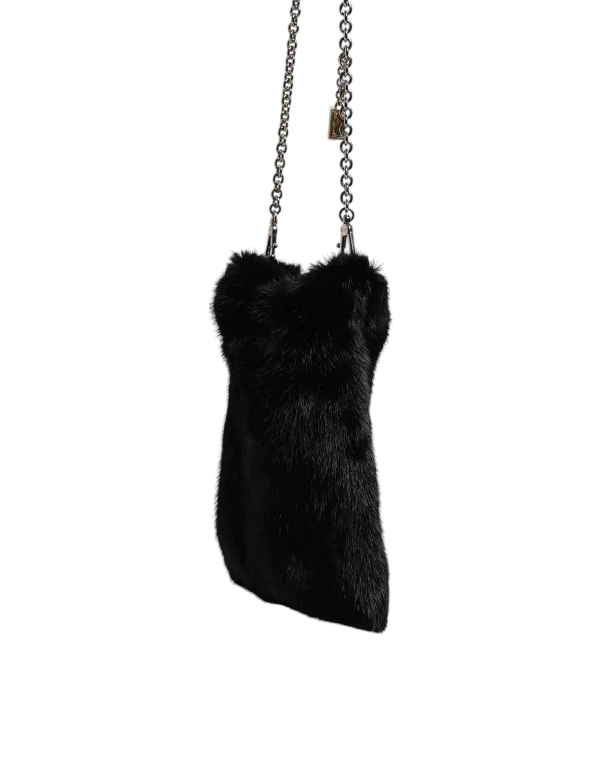 Dolce & Gabbana Black Faux Fur Silver Chain Crossbody Shoulder Purse Bag - Hilstor