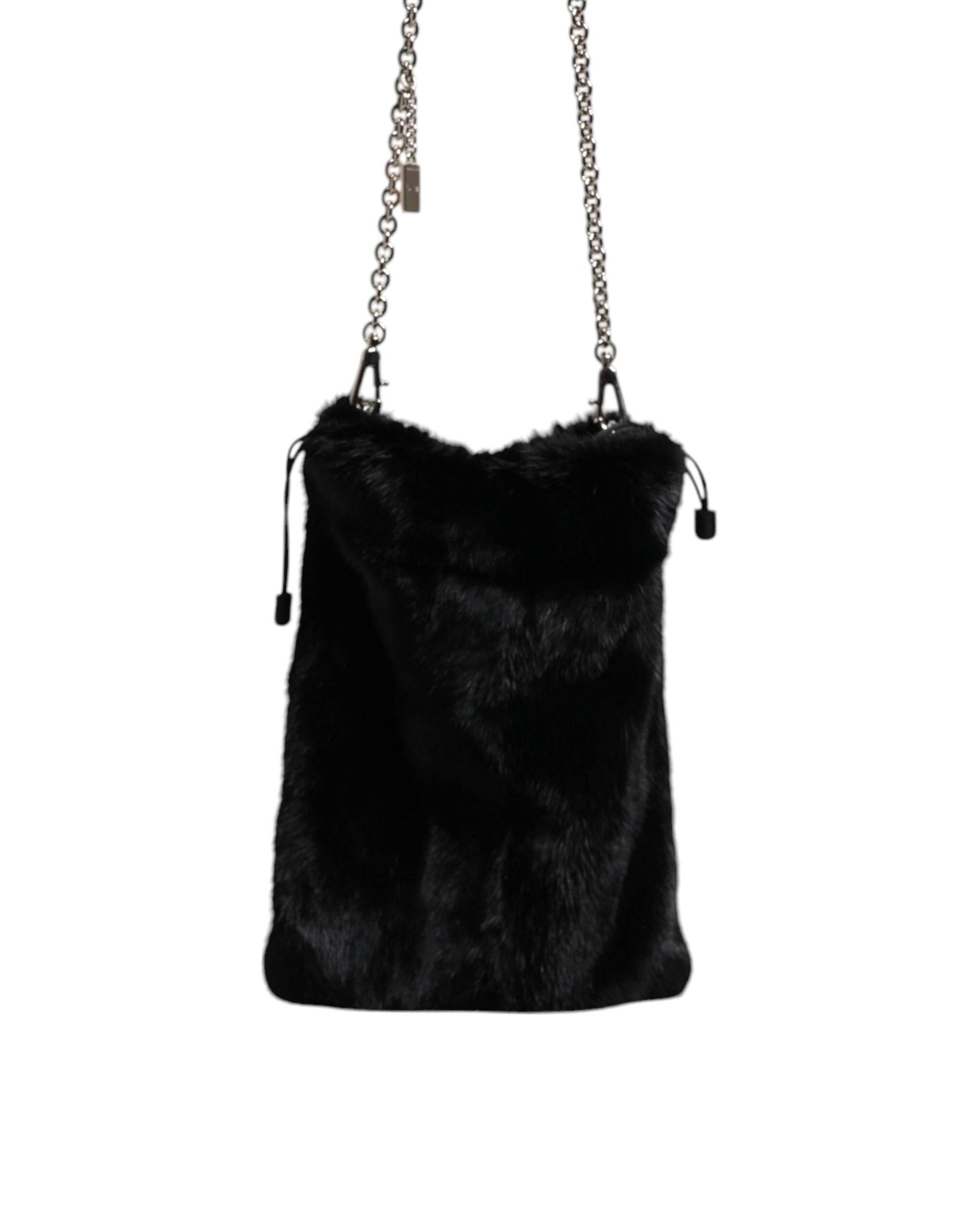 Dolce & Gabbana Black Faux Fur Silver Chain Crossbody Shoulder Purse Bag - Hilstor