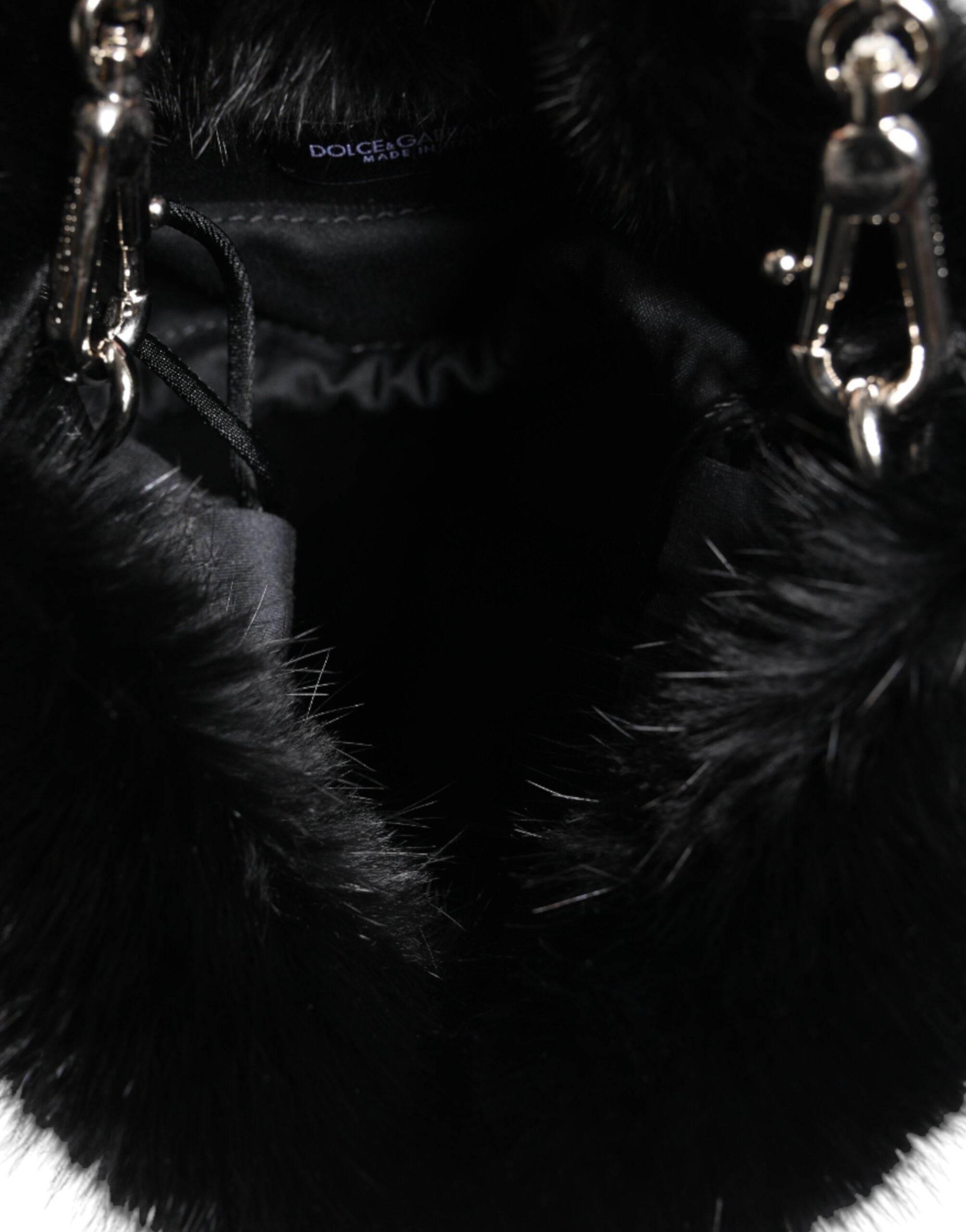 Dolce & Gabbana Black Faux Fur Silver Chain Crossbody Shoulder Purse Bag - Hilstor