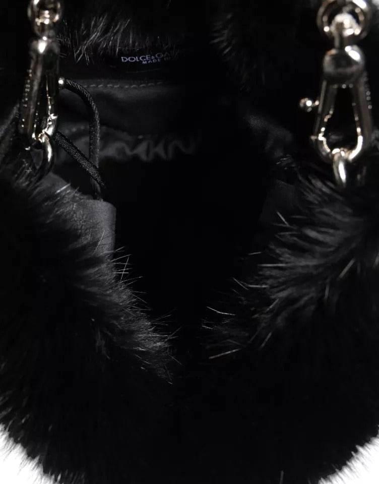 Dolce & Gabbana Black Faux Fur Silver Chain Crossbody Shoulder Purse Bag - Hilstor