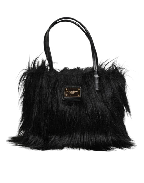 Dolce & Gabbana Black Fur Logo Plaque Double Handle Shoulder Bag - Hilstor