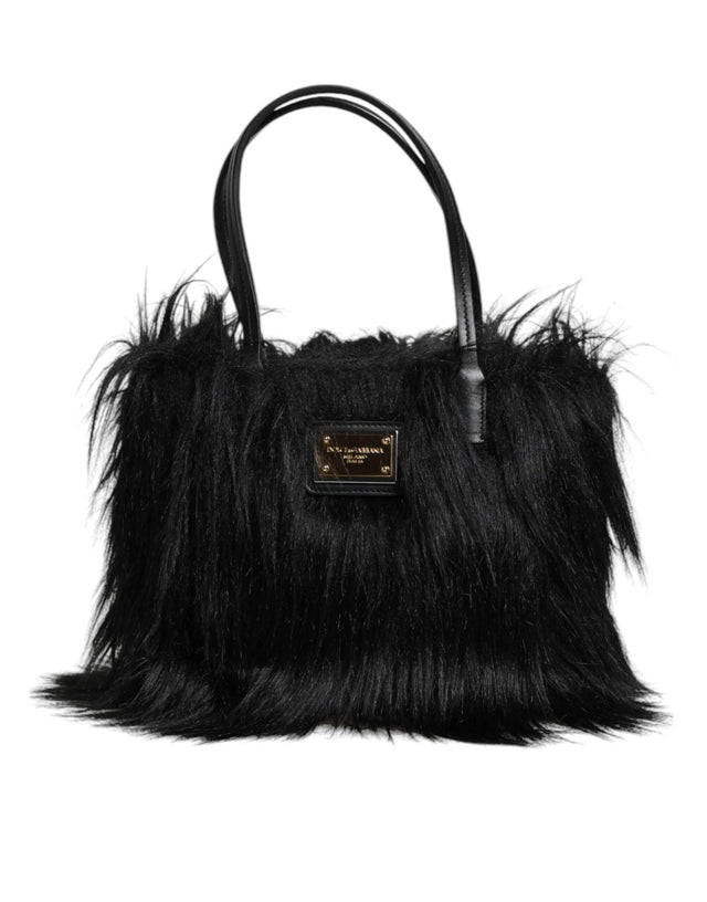 Dolce & Gabbana Black Fur Logo Plaque Double Handle Shoulder Bag - Hilstor