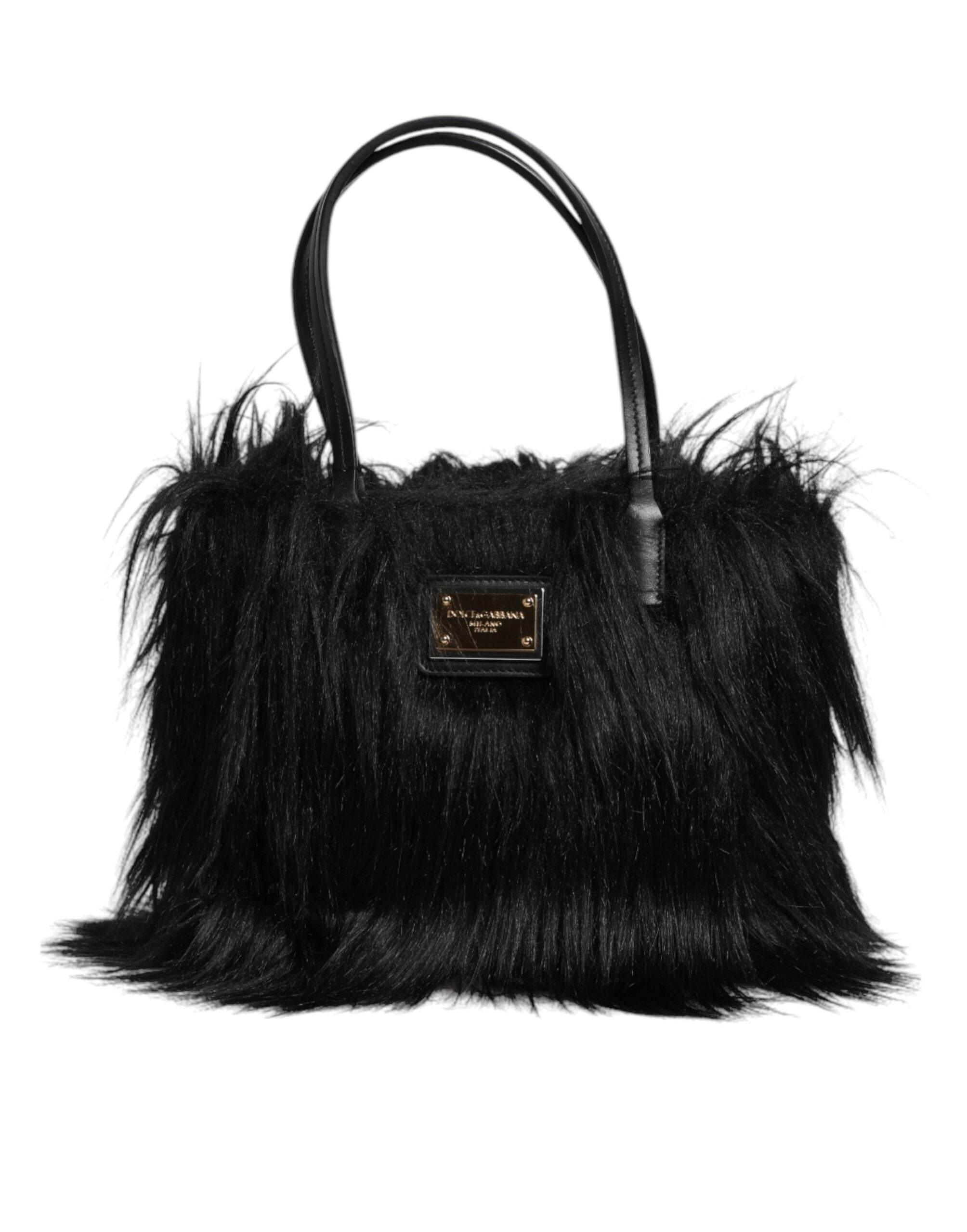 Dolce & Gabbana Black Fur Logo Plaque Double Handle Shoulder Bag - Hilstor