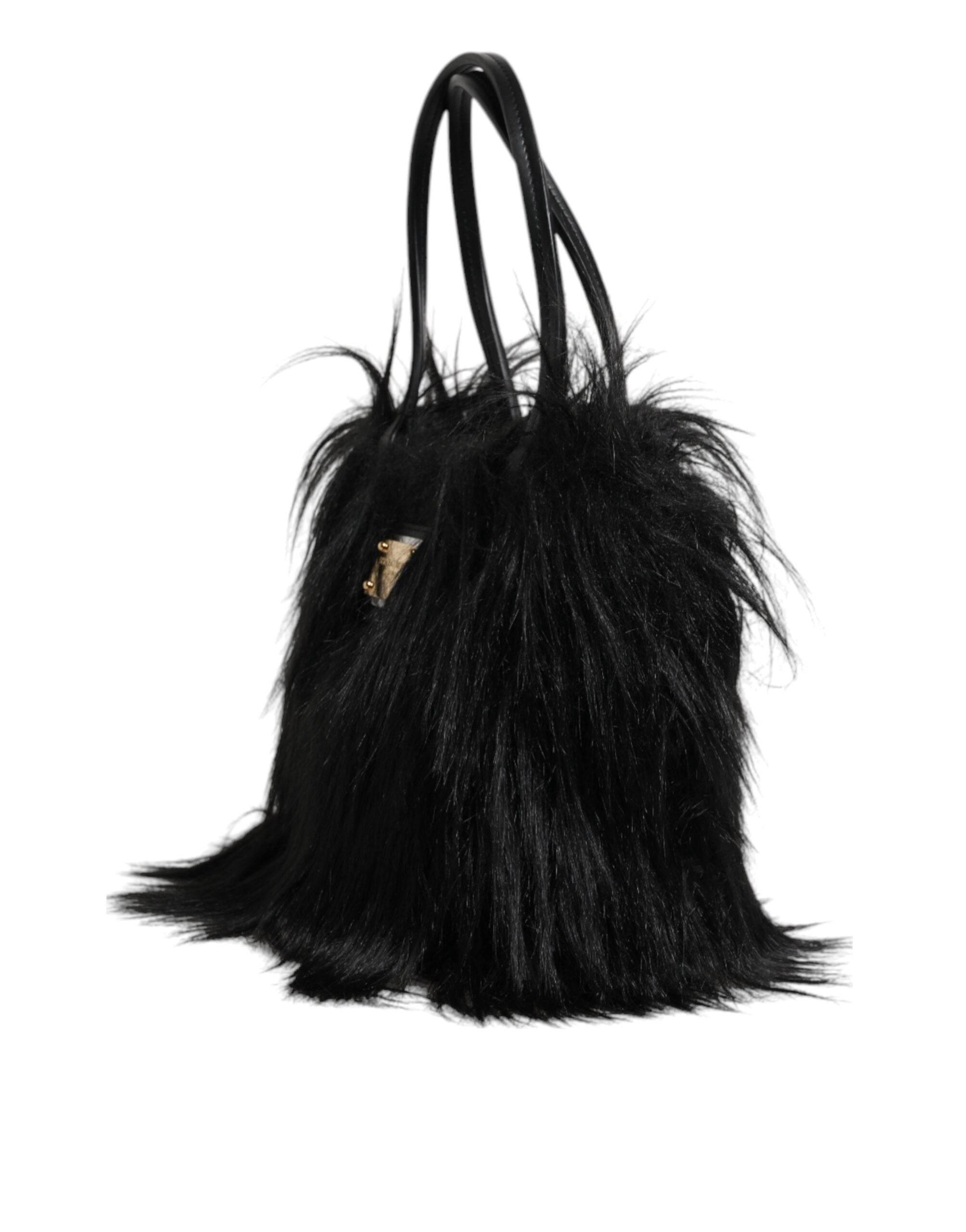 Dolce & Gabbana Black Fur Logo Plaque Double Handle Shoulder Bag - Hilstor