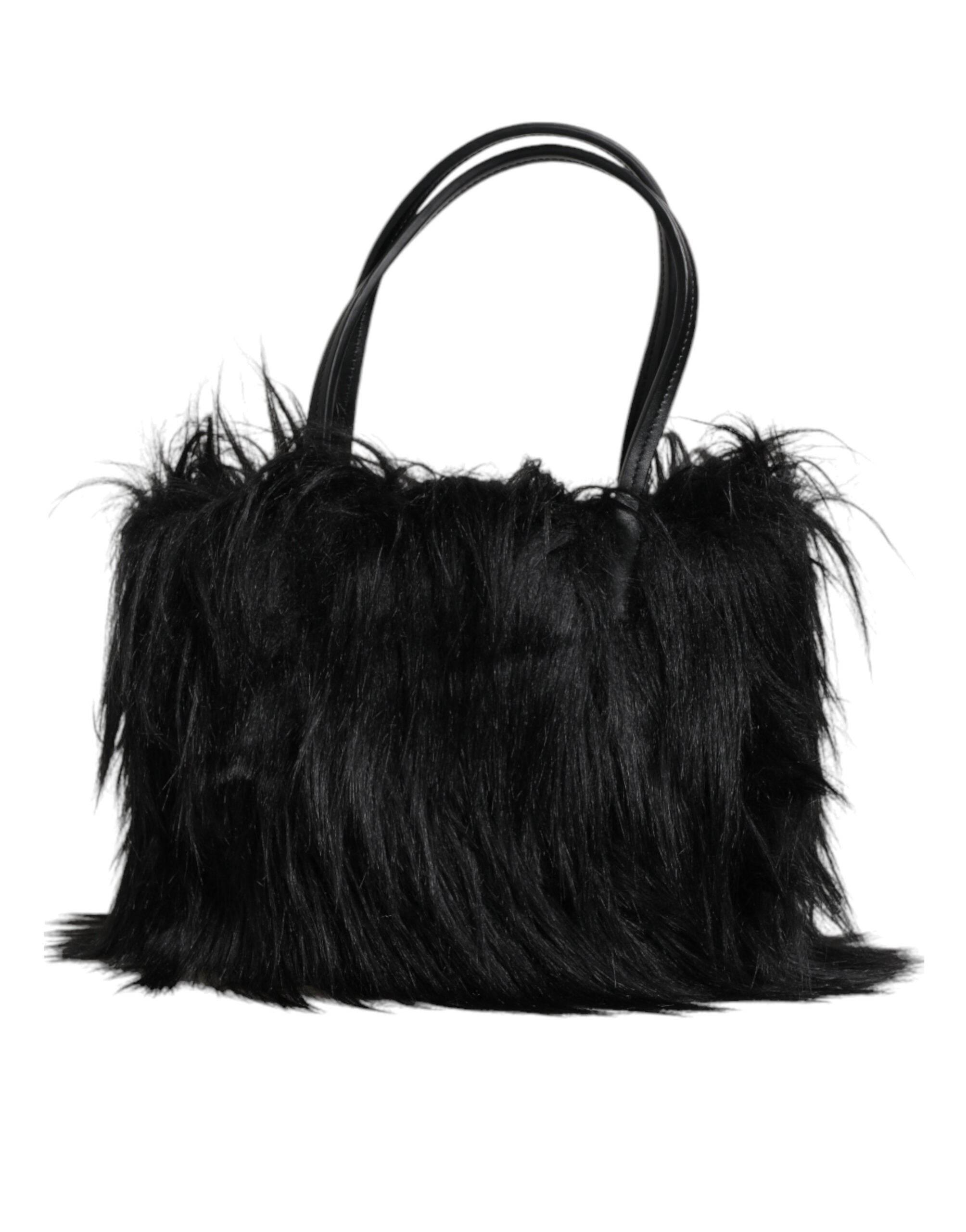 Dolce & Gabbana Black Fur Logo Plaque Double Handle Shoulder Bag - Hilstor
