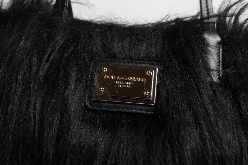 Dolce & Gabbana Black Fur Logo Plaque Double Handle Shoulder Bag - Hilstor