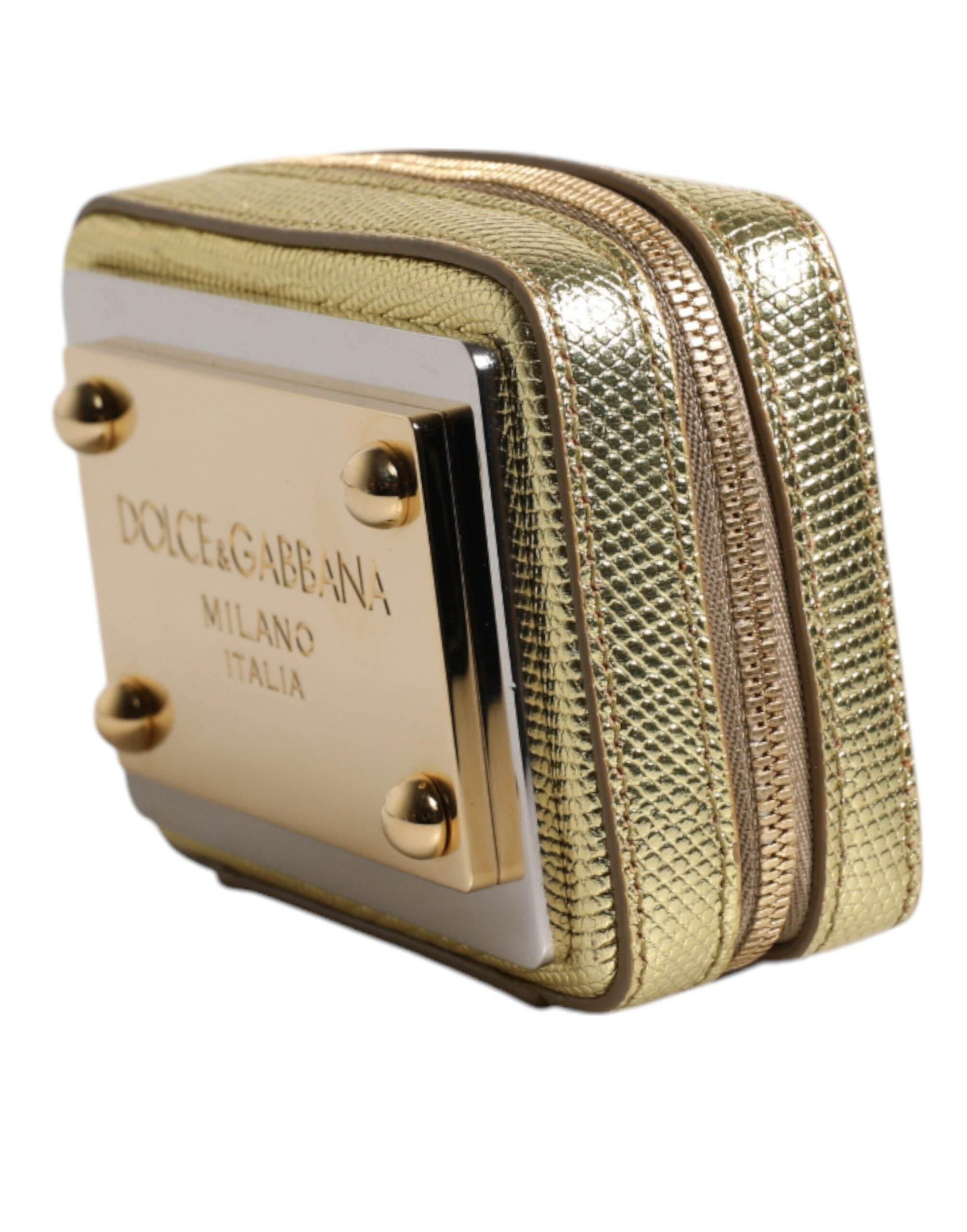 Dolce & Gabbana Gold Leather DG Logo Plaque Zip Around Clutch Bag - Hilstor