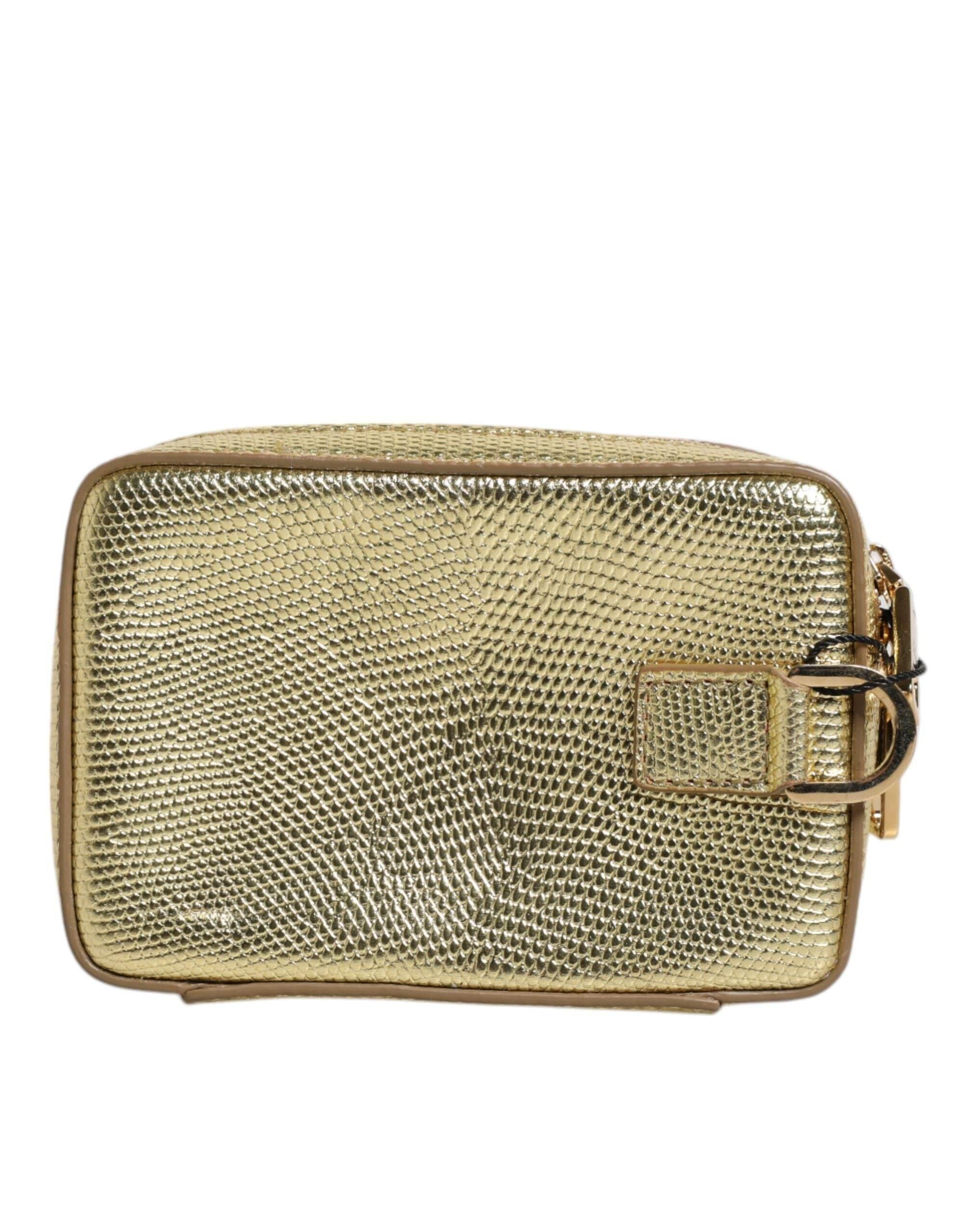 Dolce & Gabbana Gold Leather DG Logo Plaque Zip Around Clutch Bag - Hilstor