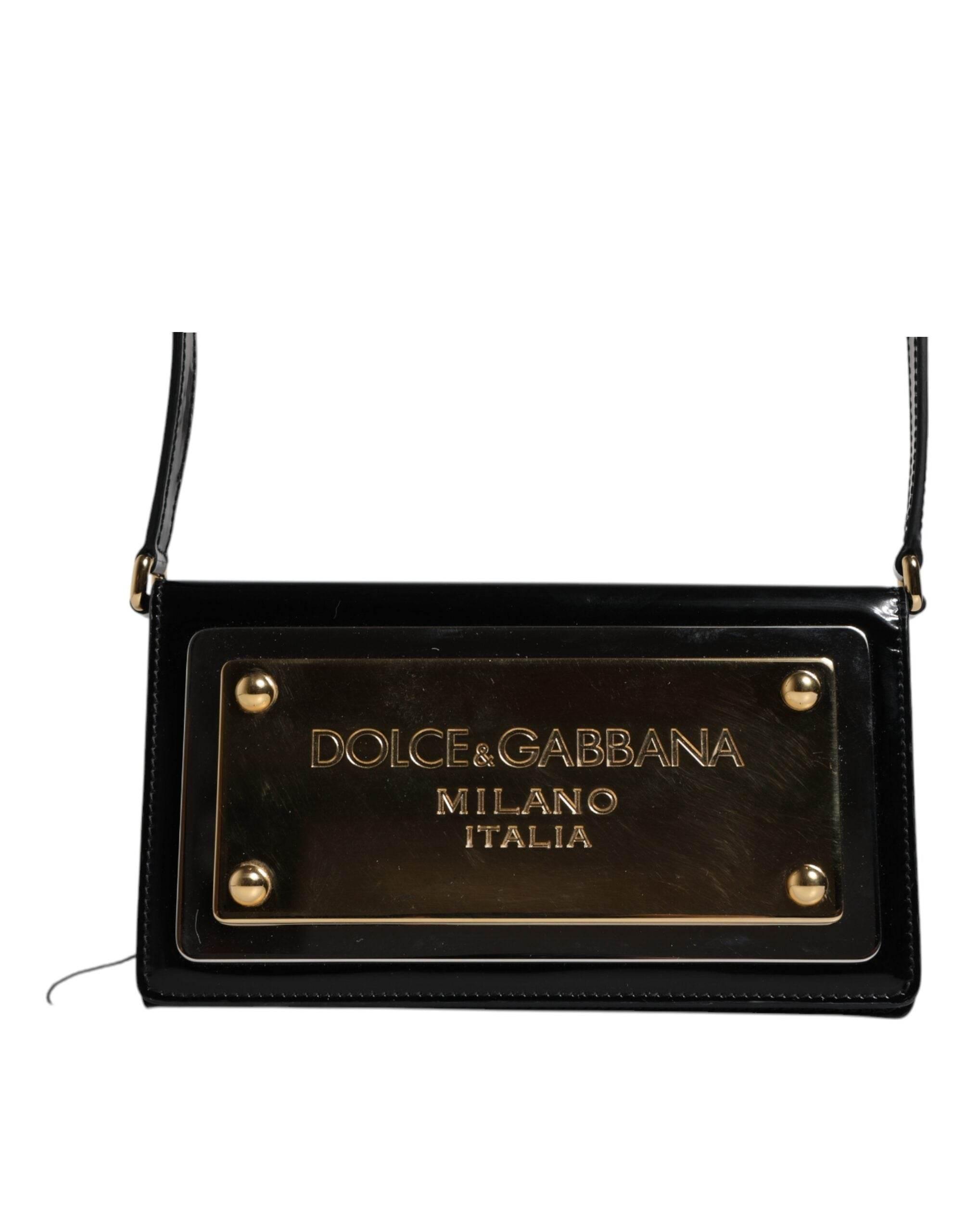 Dolce & Gabbana Black Patent Leather Logo Plaque Crossbody Bag - Hilstor