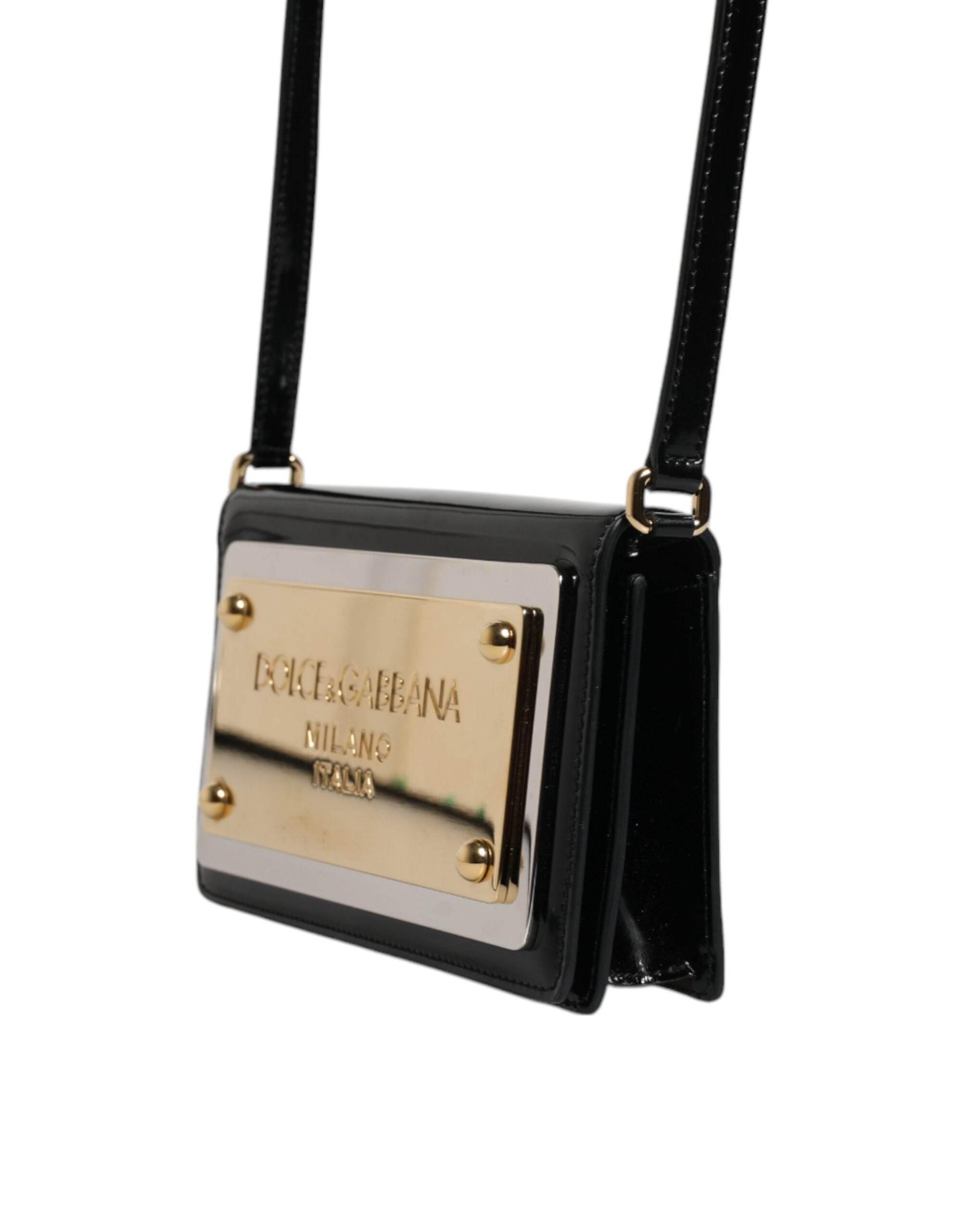 Dolce & Gabbana Black Patent Leather Logo Plaque Crossbody Bag - Hilstor