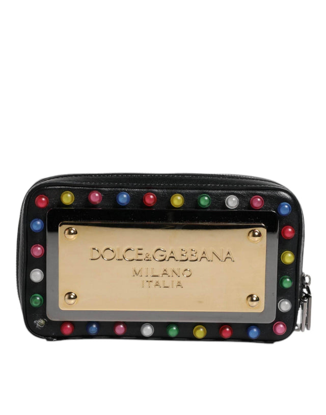 Dolce & Gabbana Black Leather LED Logo Wrist Strap Clutch Bag - Hilstor