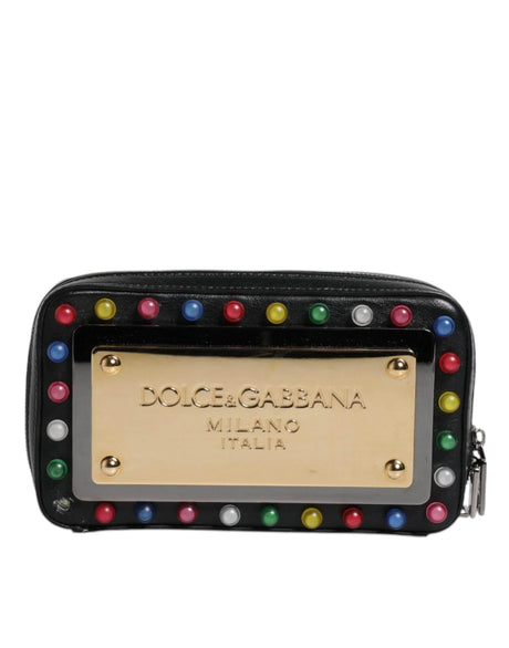 Dolce & Gabbana Black Leather LED Logo Wrist Strap Clutch Bag - Hilstor