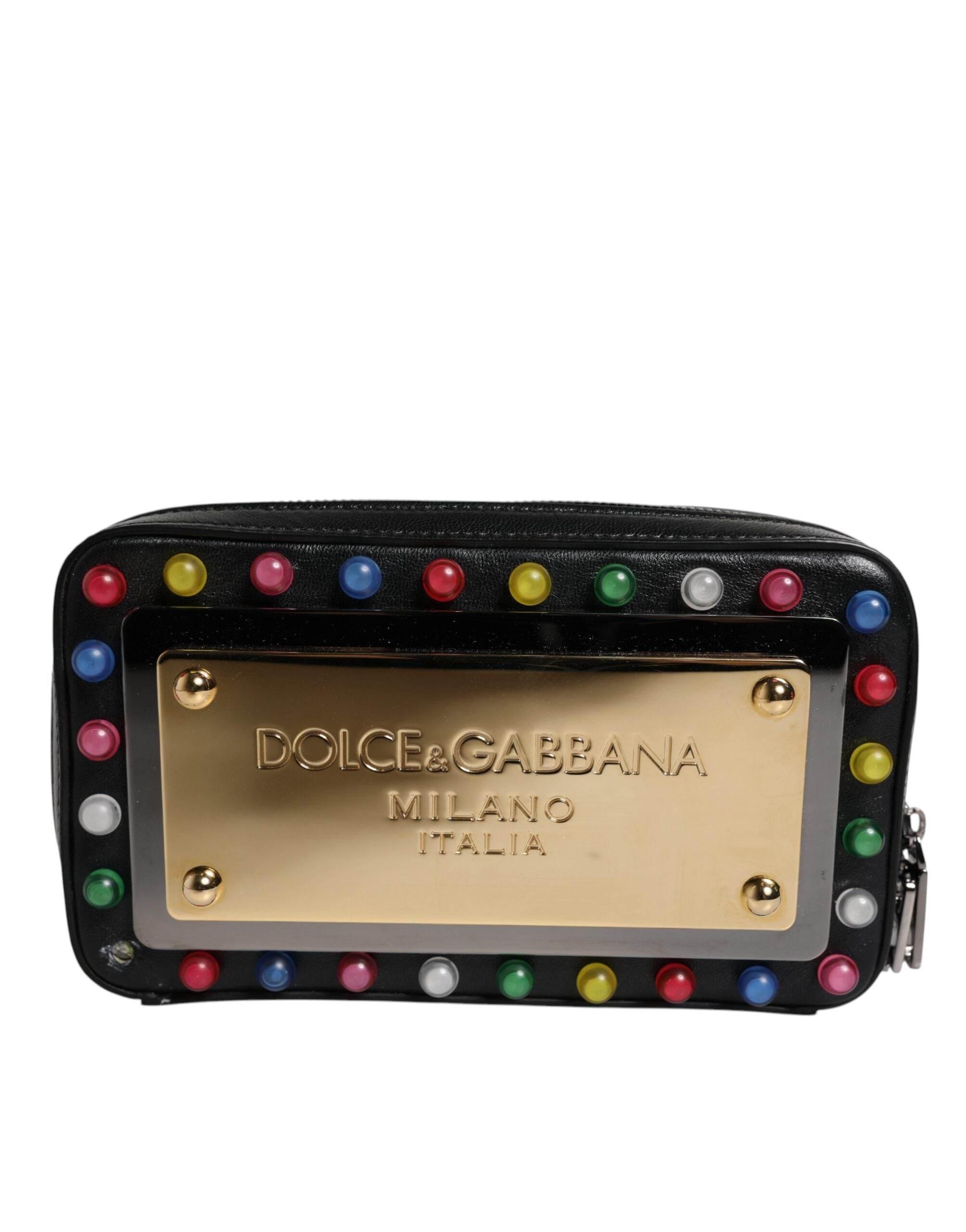 Dolce & Gabbana Black Leather LED Logo Wrist Strap Clutch Bag - Hilstor