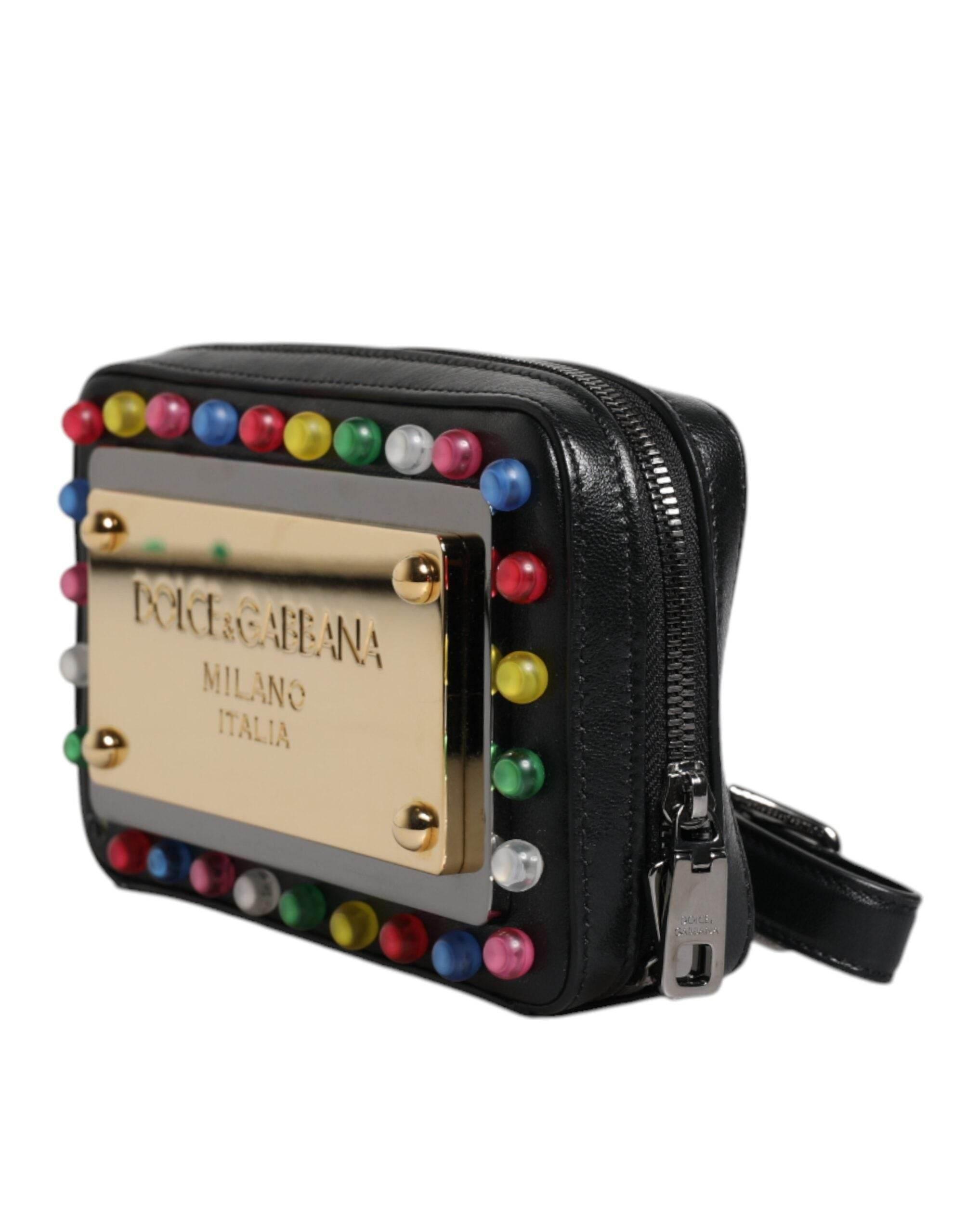 Dolce & Gabbana Black Leather LED Logo Wrist Strap Clutch Bag - Hilstor