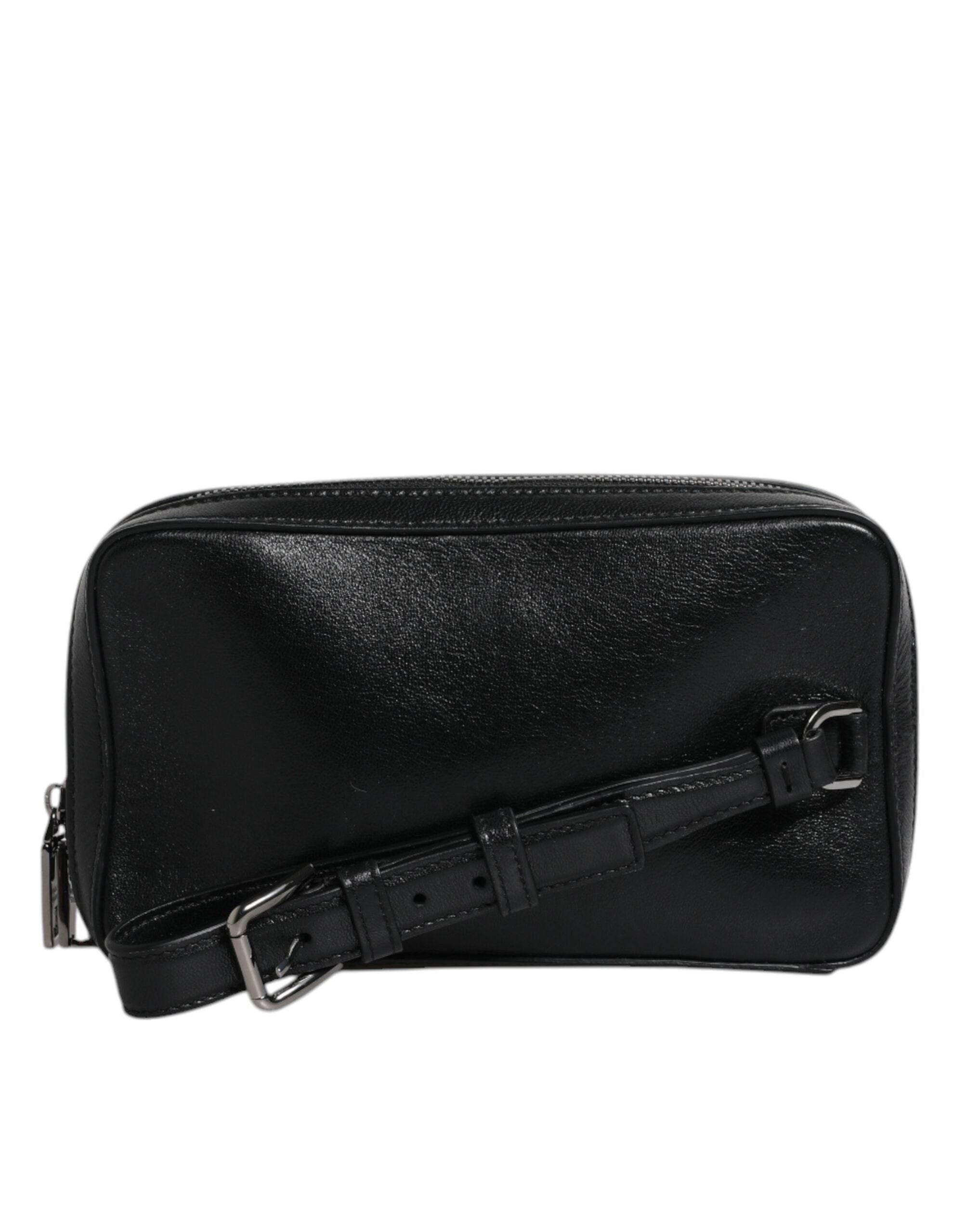 Dolce & Gabbana Black Leather LED Logo Wrist Strap Clutch Bag - Hilstor