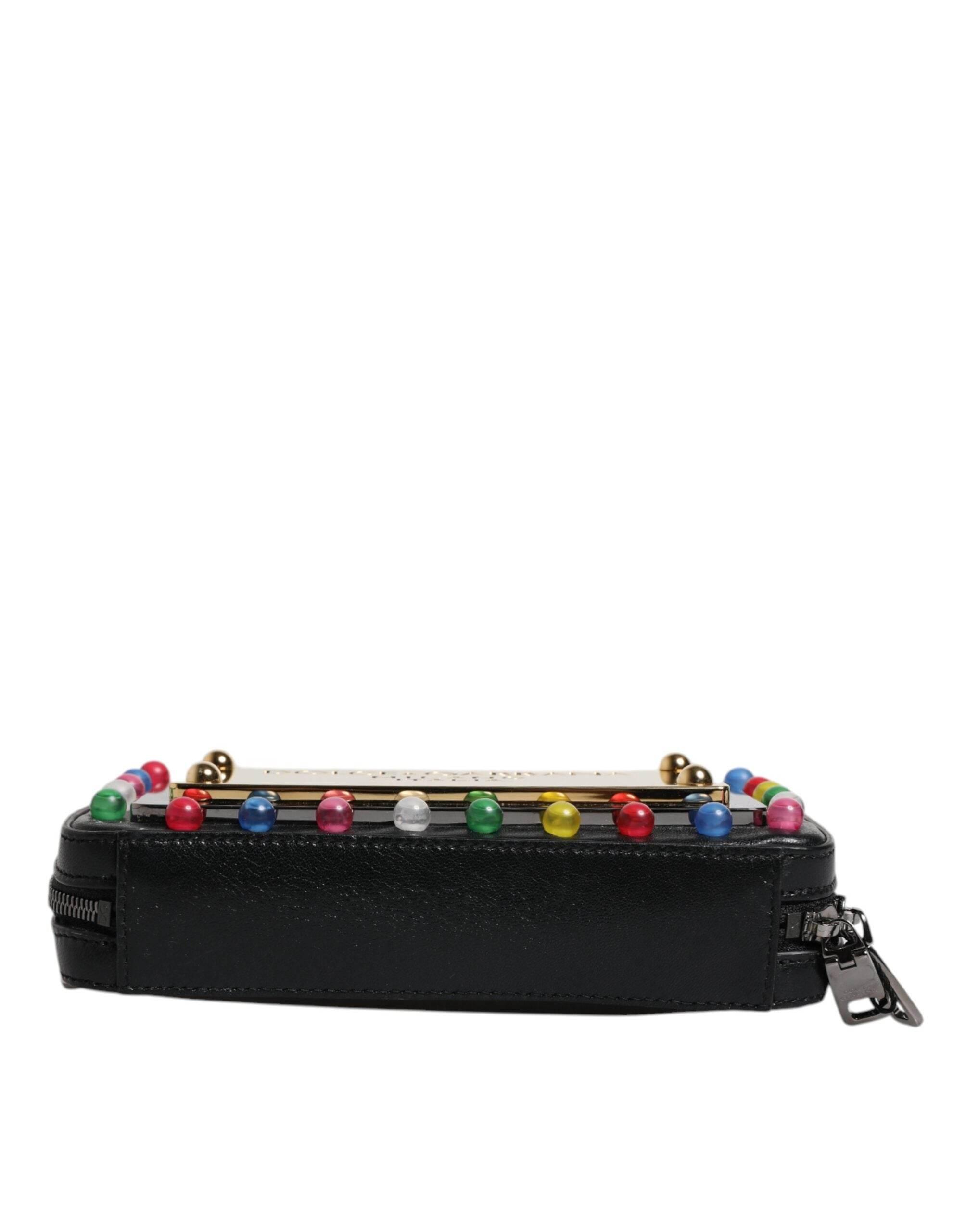 Dolce & Gabbana Black Leather LED Logo Wrist Strap Clutch Bag - Hilstor