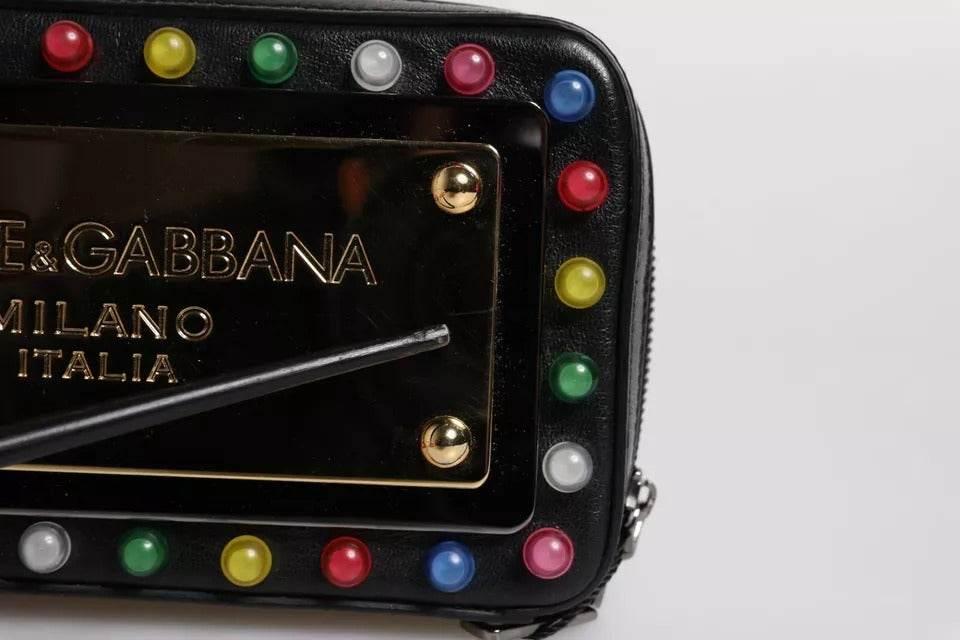 Dolce & Gabbana Black Leather LED Logo Wrist Strap Clutch Bag - Hilstor