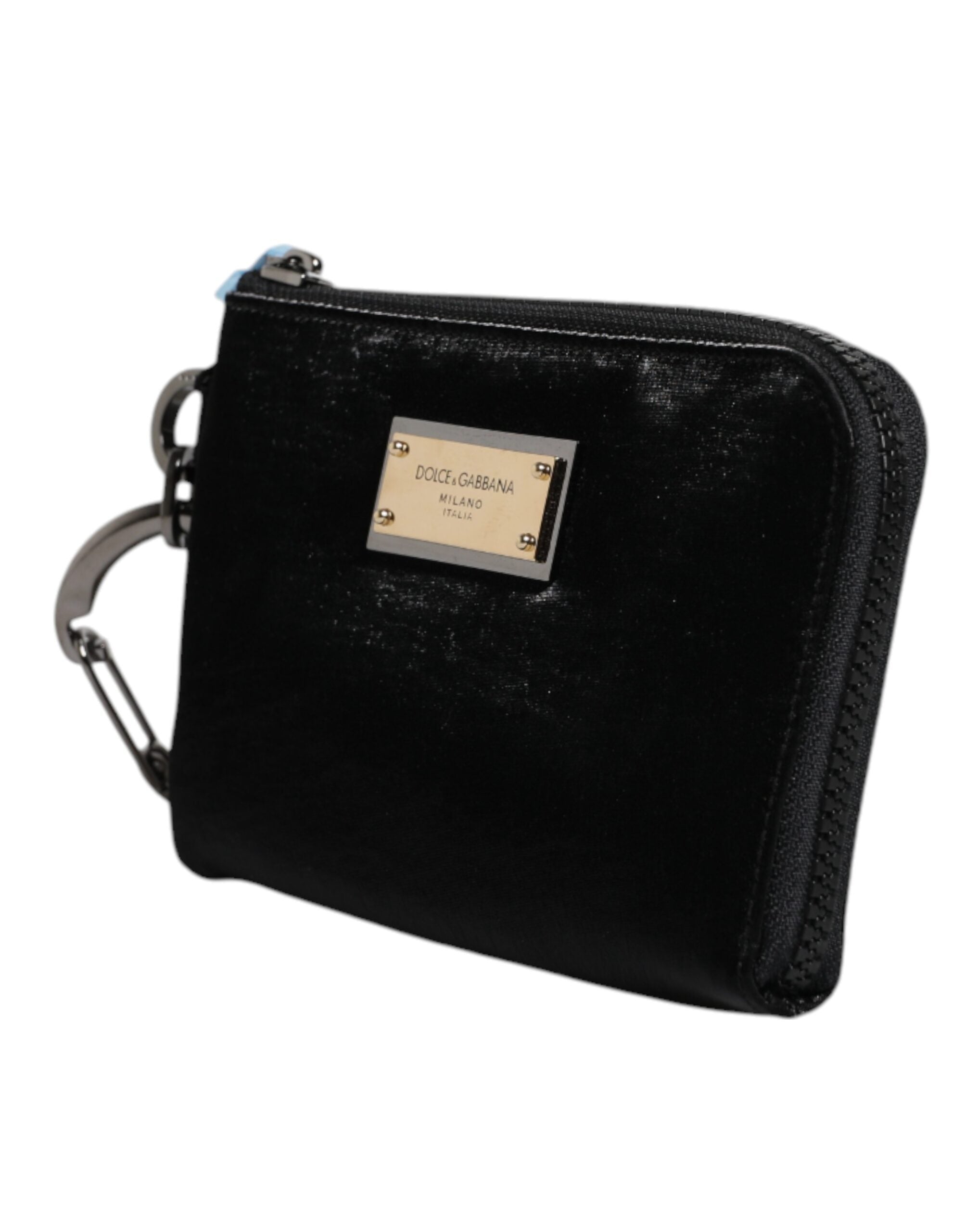 Dolce &amp; Gabbana Sort Nylon Logo Plaque Nøglering Pouch Clutch taske