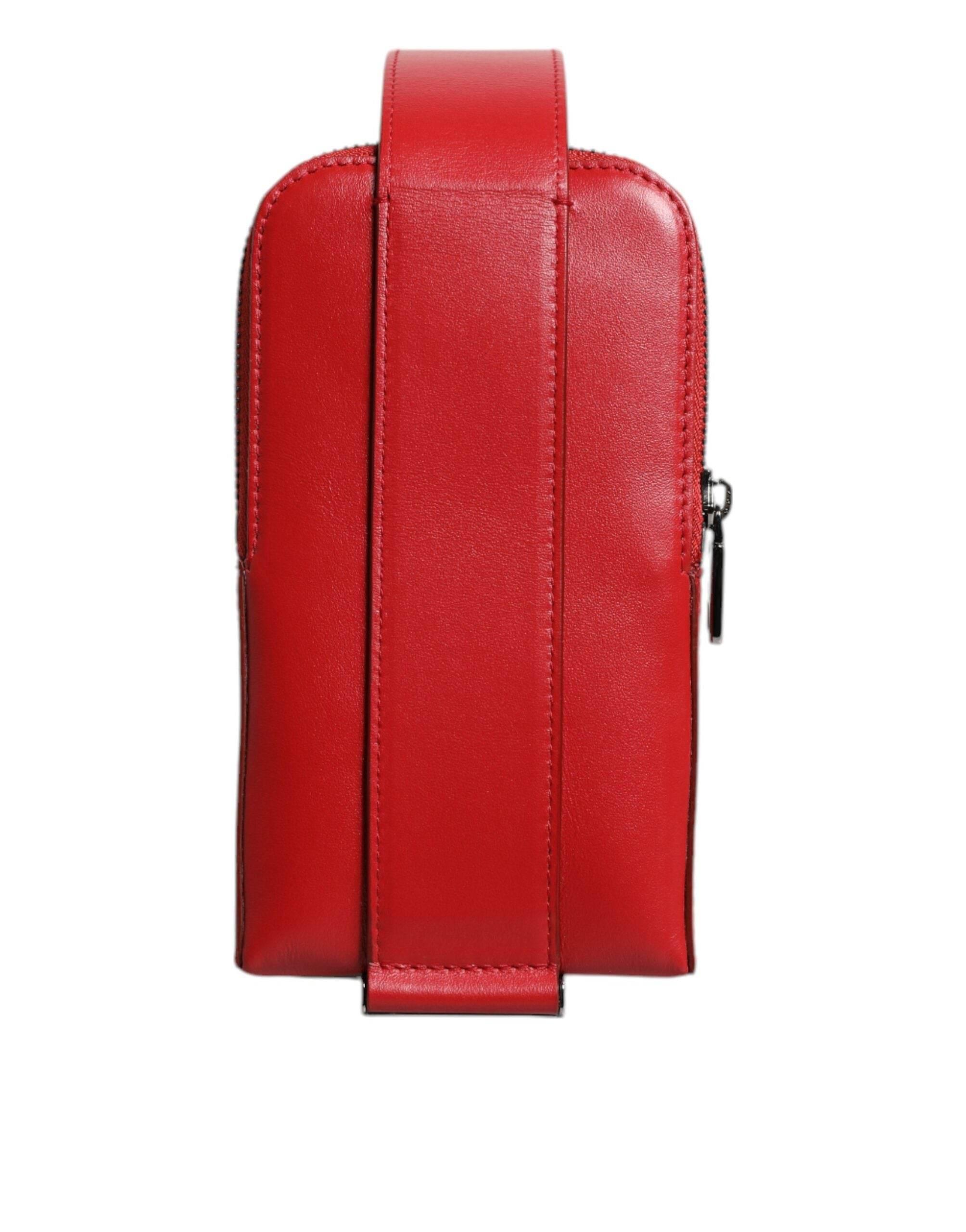 Dolce & Gabbana Red Leather Logo Zip Around Card Holder Wide Strap Wallet - Hilstor