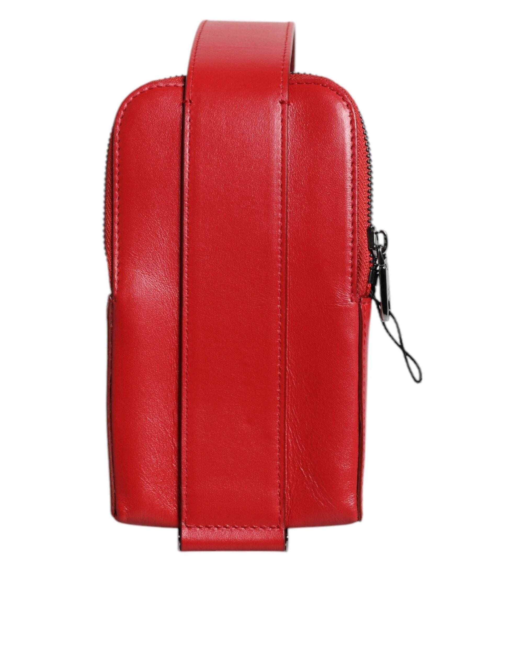 Dolce & Gabbana Red Leather Logo Zip Around Card Holder Wide Strap Wallet - Hilstor
