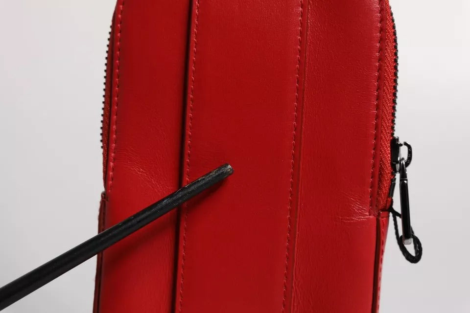 Dolce & Gabbana Red Leather Logo Zip Around Card Holder Wide Strap Wallet