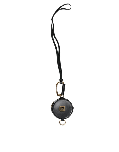 Dolce & Gabbana Black Round Leather DG Logo Coin Purse Lanyard Wallet - Hilstor